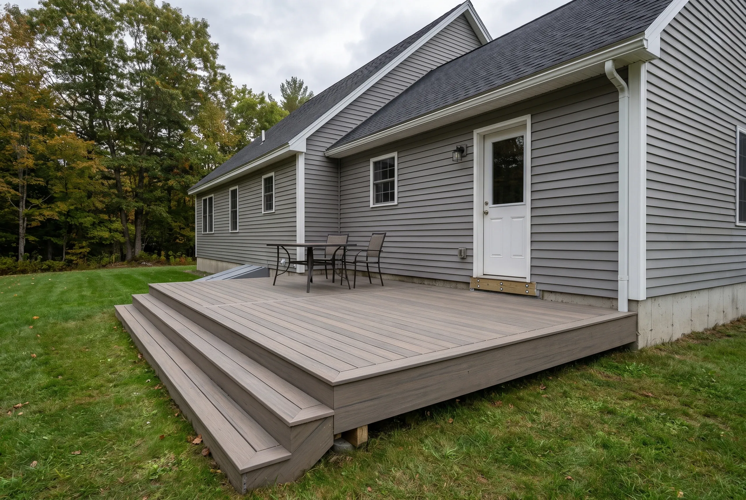 Deck builder in Lincolnville, ME: low composite deck with wide step and bistro set beside a gray sided house in the trees