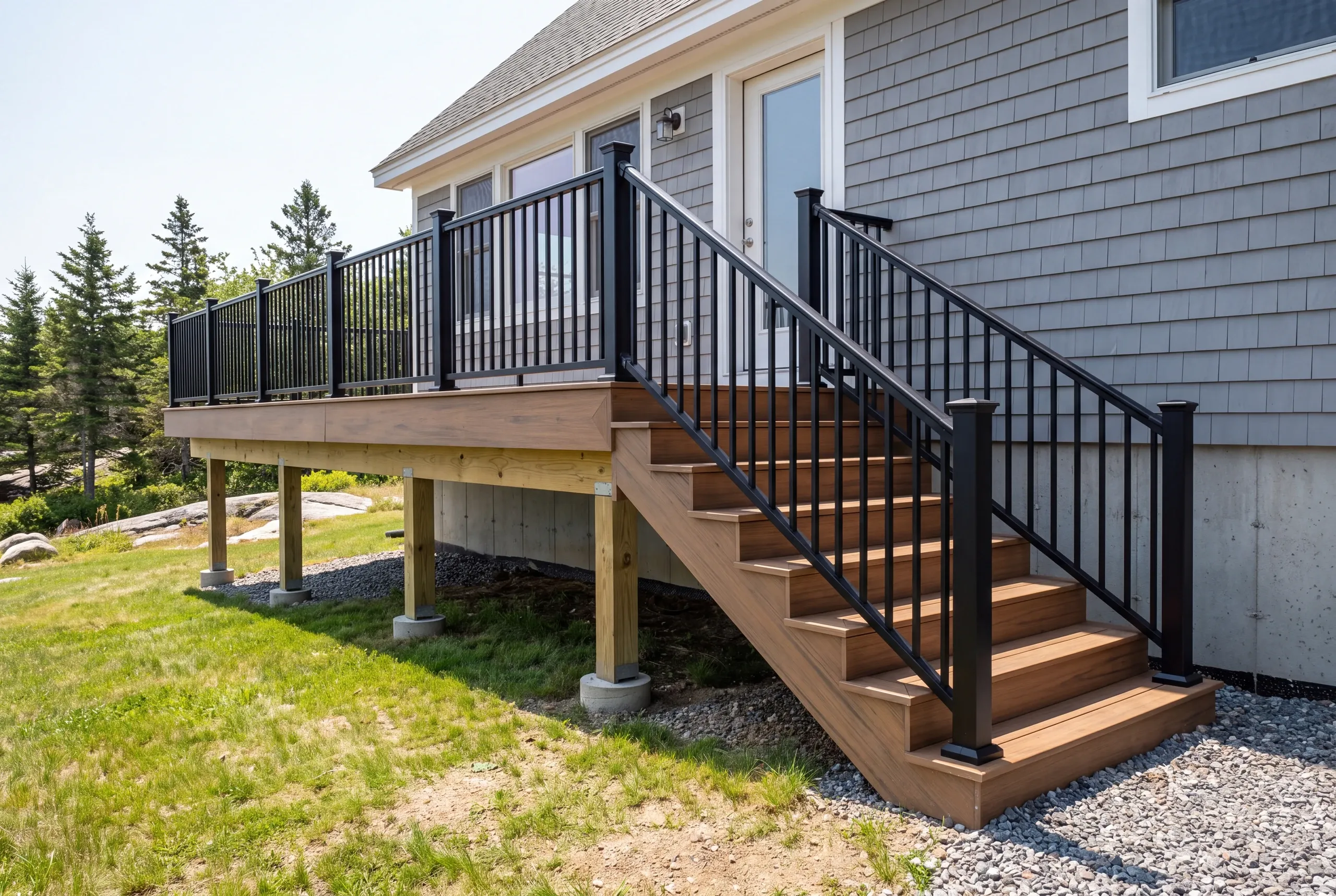 Custom deck builder Lincolnville Maine: raised deck with long straight stair on a gray shingled house among spruce