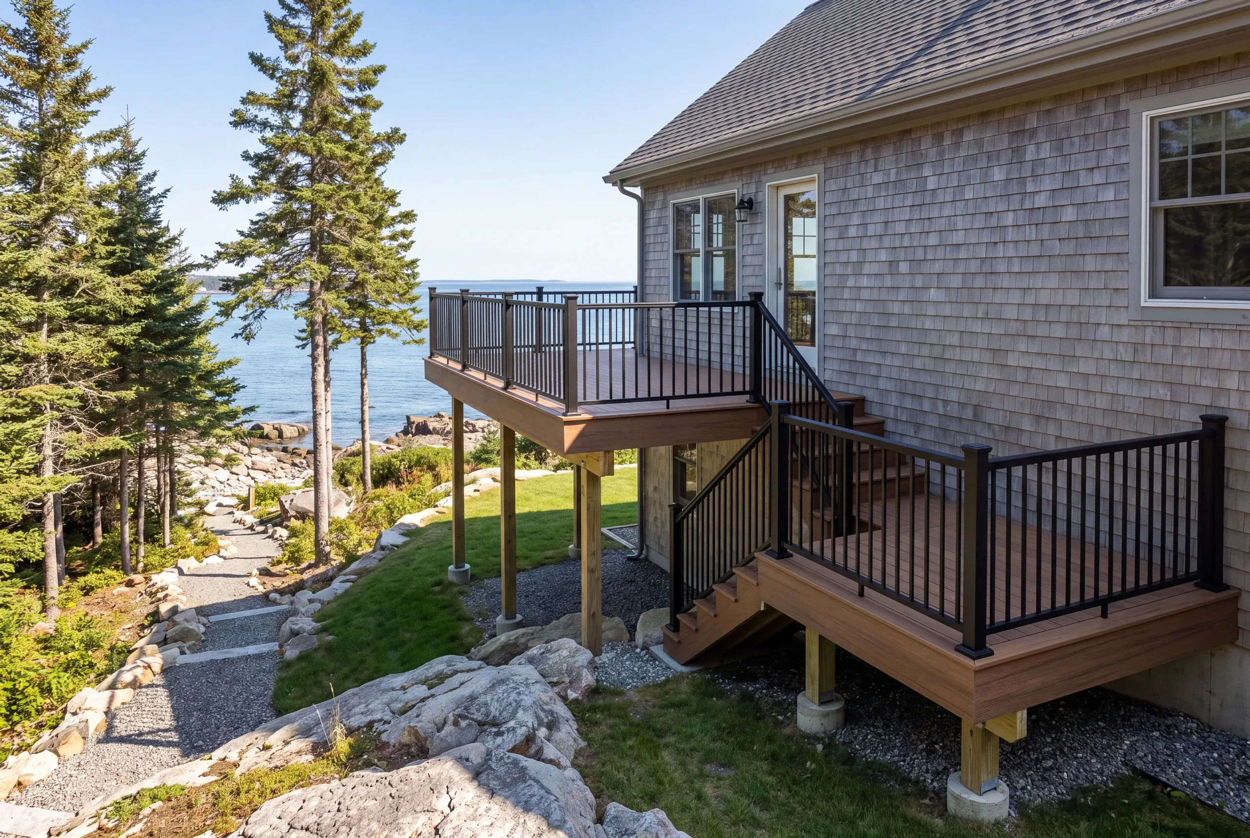 Deck contractor Lincolnville Maine: two deck levels joined by a short stair on a cedar shingle house above the sea