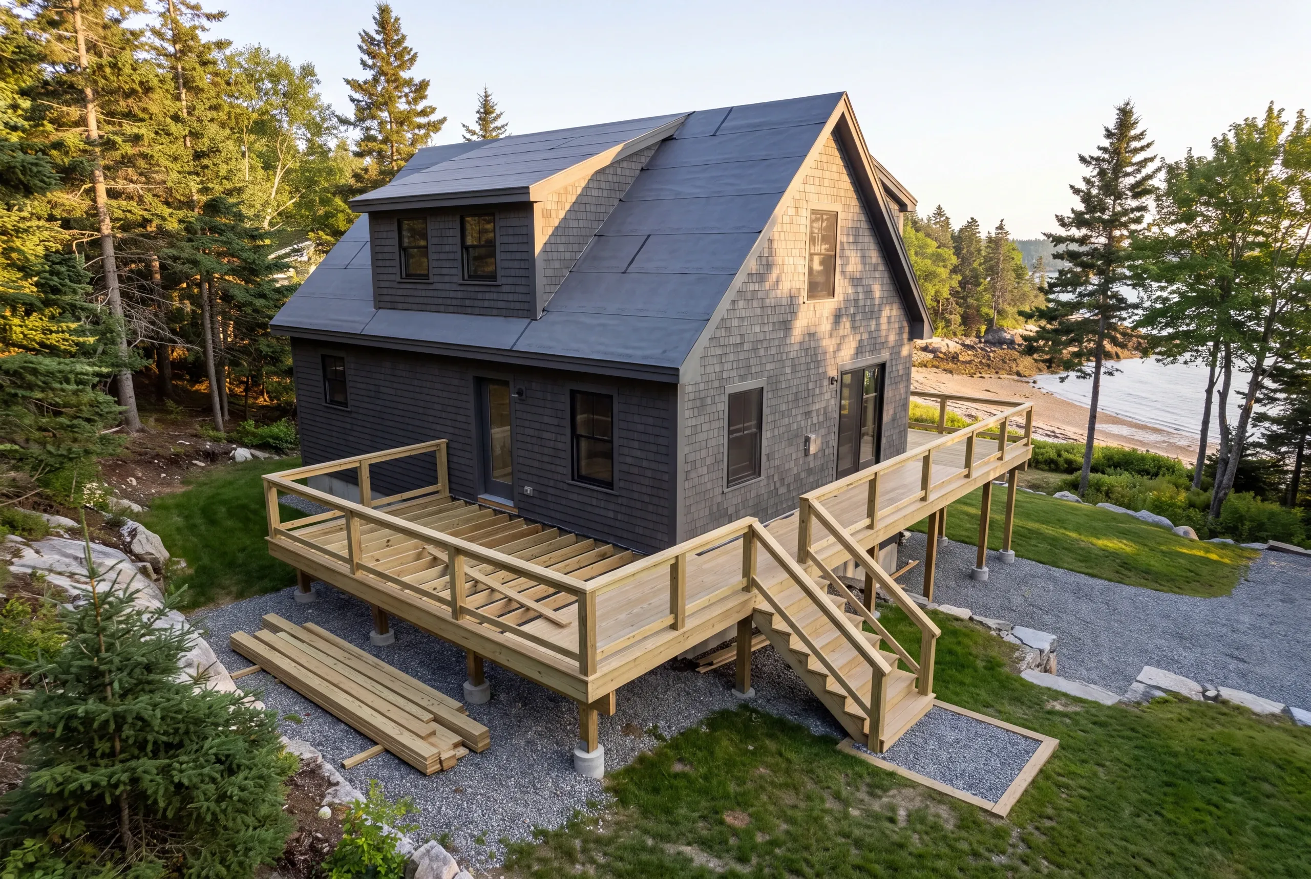 Deck builder Lincolnville Maine: partly decked pressure-treated deck and stairs on a dark shingled cape by a cove