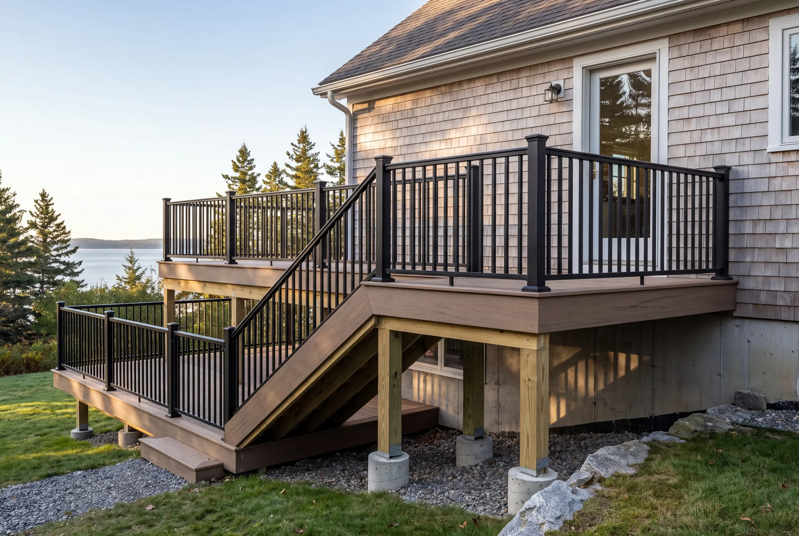 Custom deck builder Lincolnville Maine: two-level deck with black railing on a cedar shingle house facing the ocean