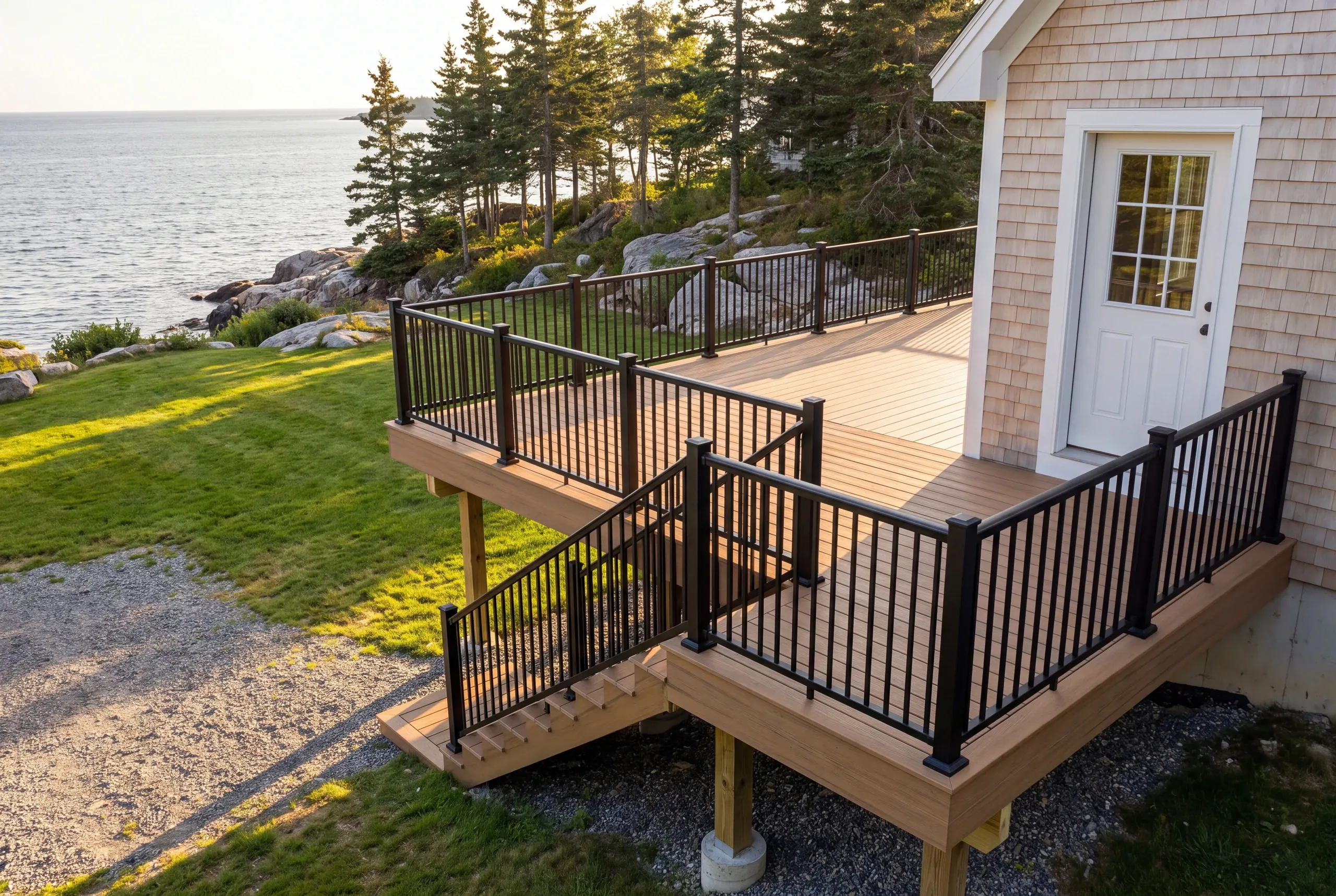 Deck contractor Lincolnville Maine: two-level railed deck on a cedar shingle house above a rocky ocean shore