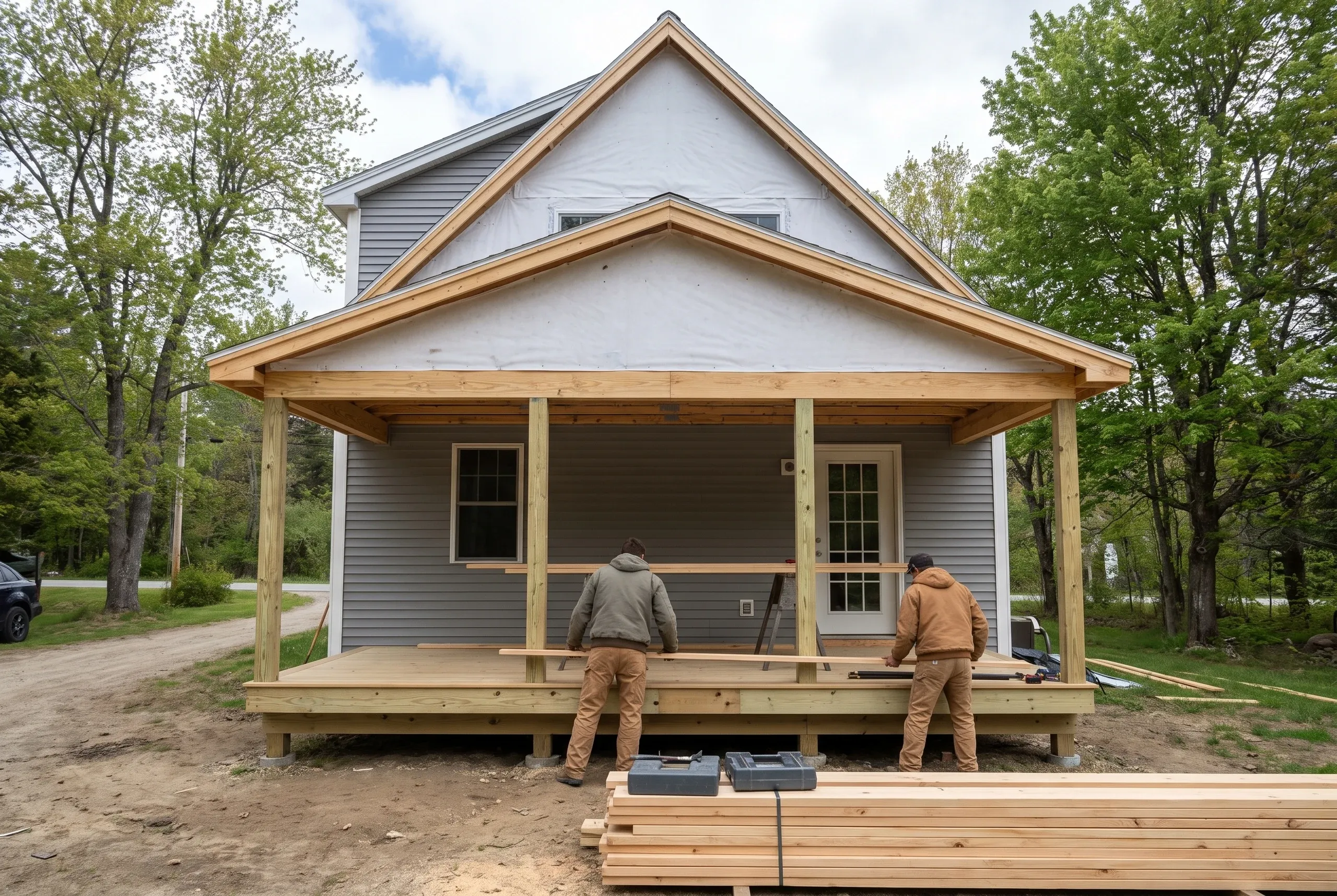 Deck builder in Pittsfield, ME: two workers building a low covered porch deck on a gray-sided house, lumber stacked in front