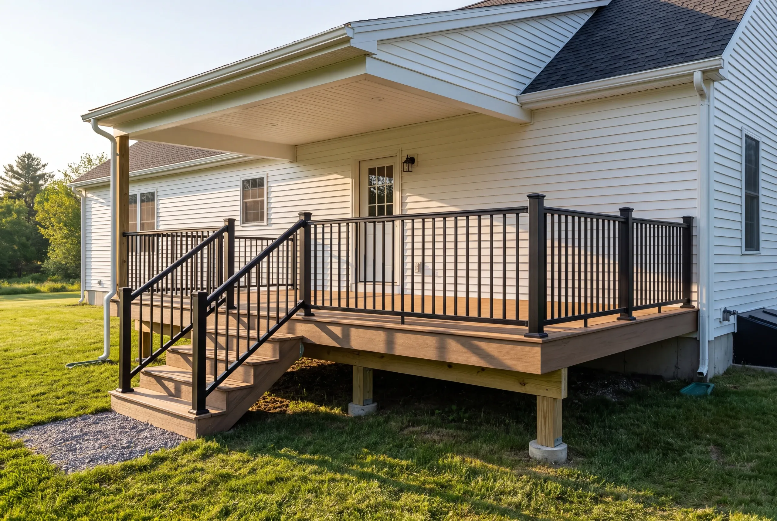 Custom deck builder Pittsfield Maine: deck under a gabled roof extension with black railing on a white house