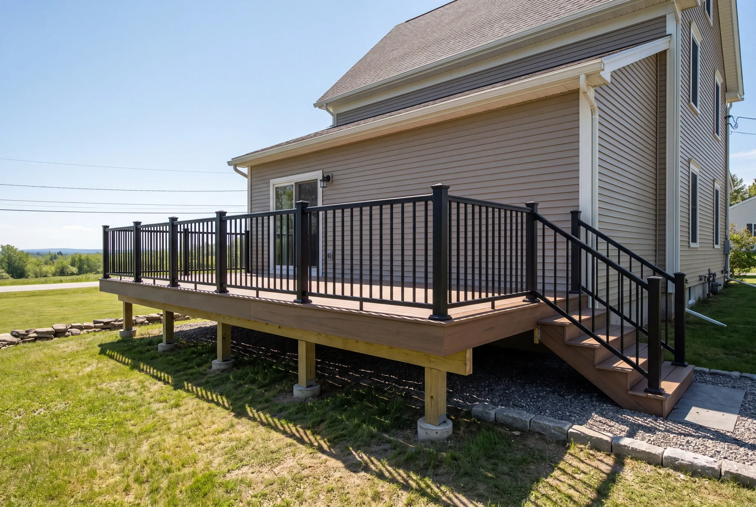 Deck contractor Pittsfield Maine: uncovered deck with black railing on a taupe two-story house near fields