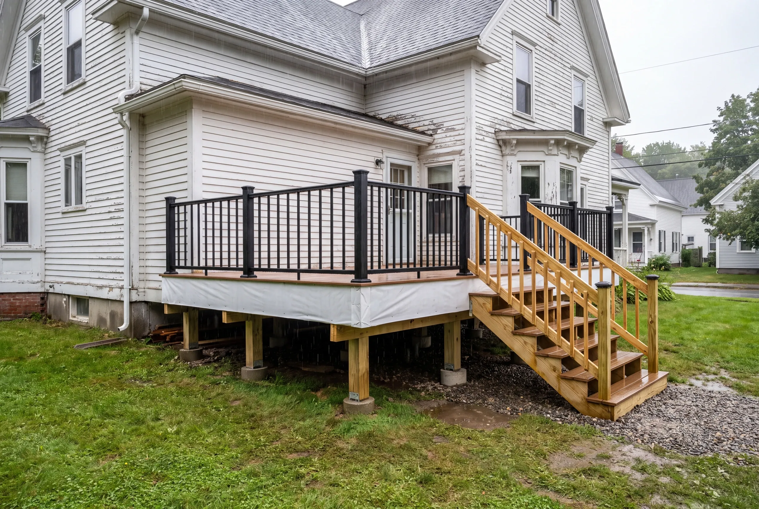 Deck builder Pittsfield Maine: deck with black railing and wood stairs at an older white house in the rain