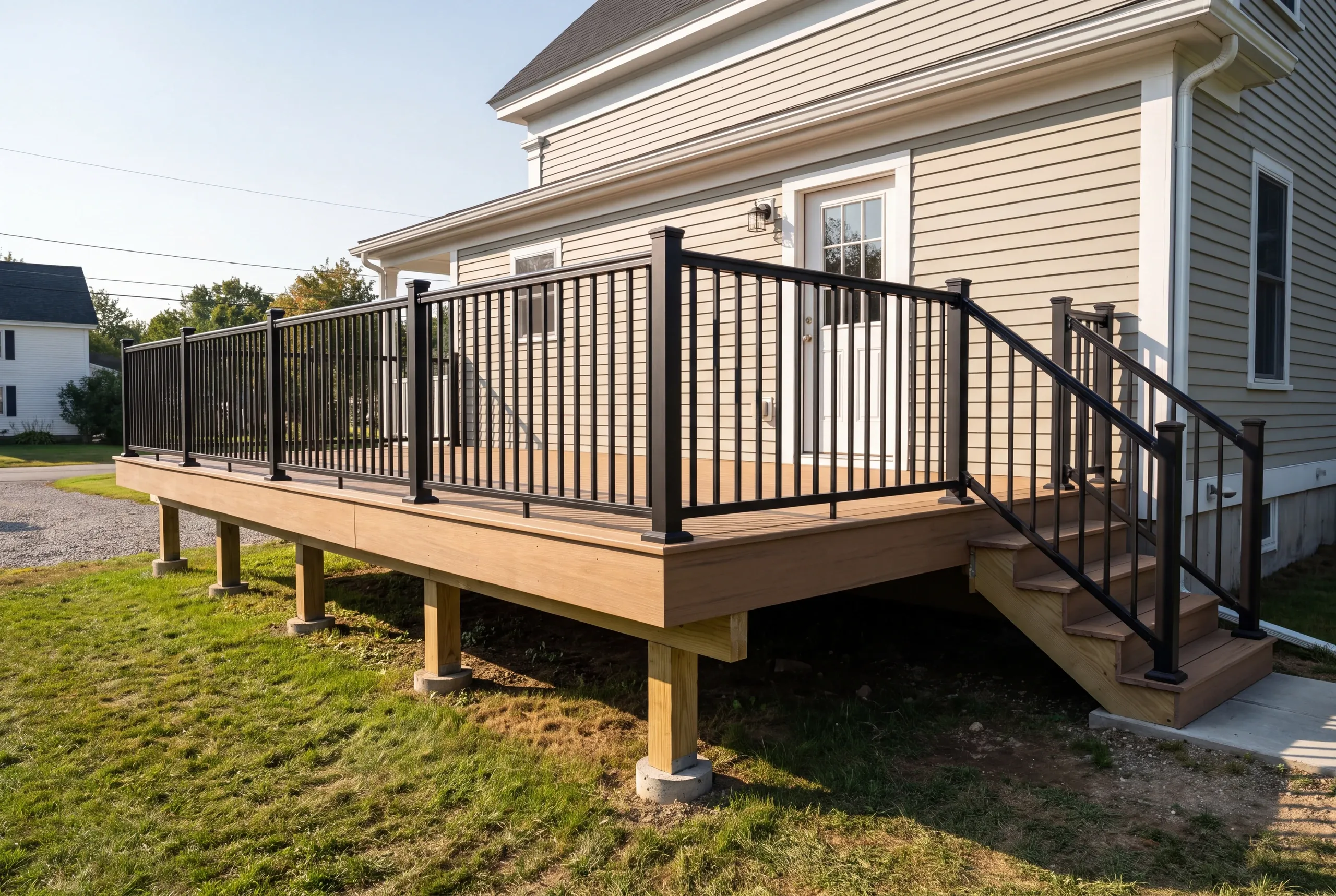 Custom deck builder Pittsfield Maine: raised brown deck with black railing on a sage clapboard house