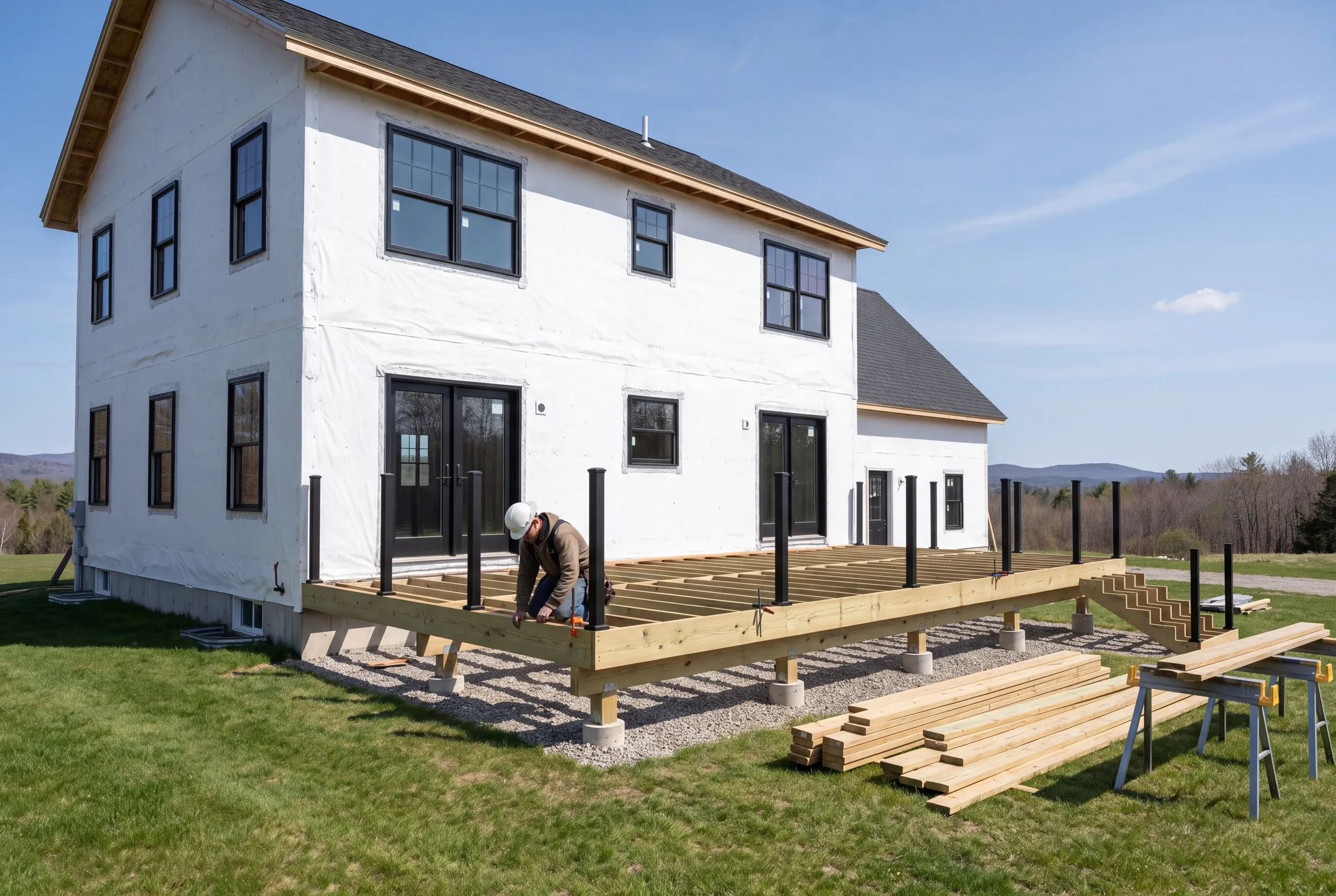 Deck builder in Pittston, ME: worker kneeling on a large joist frame with black posts at a house in wrap