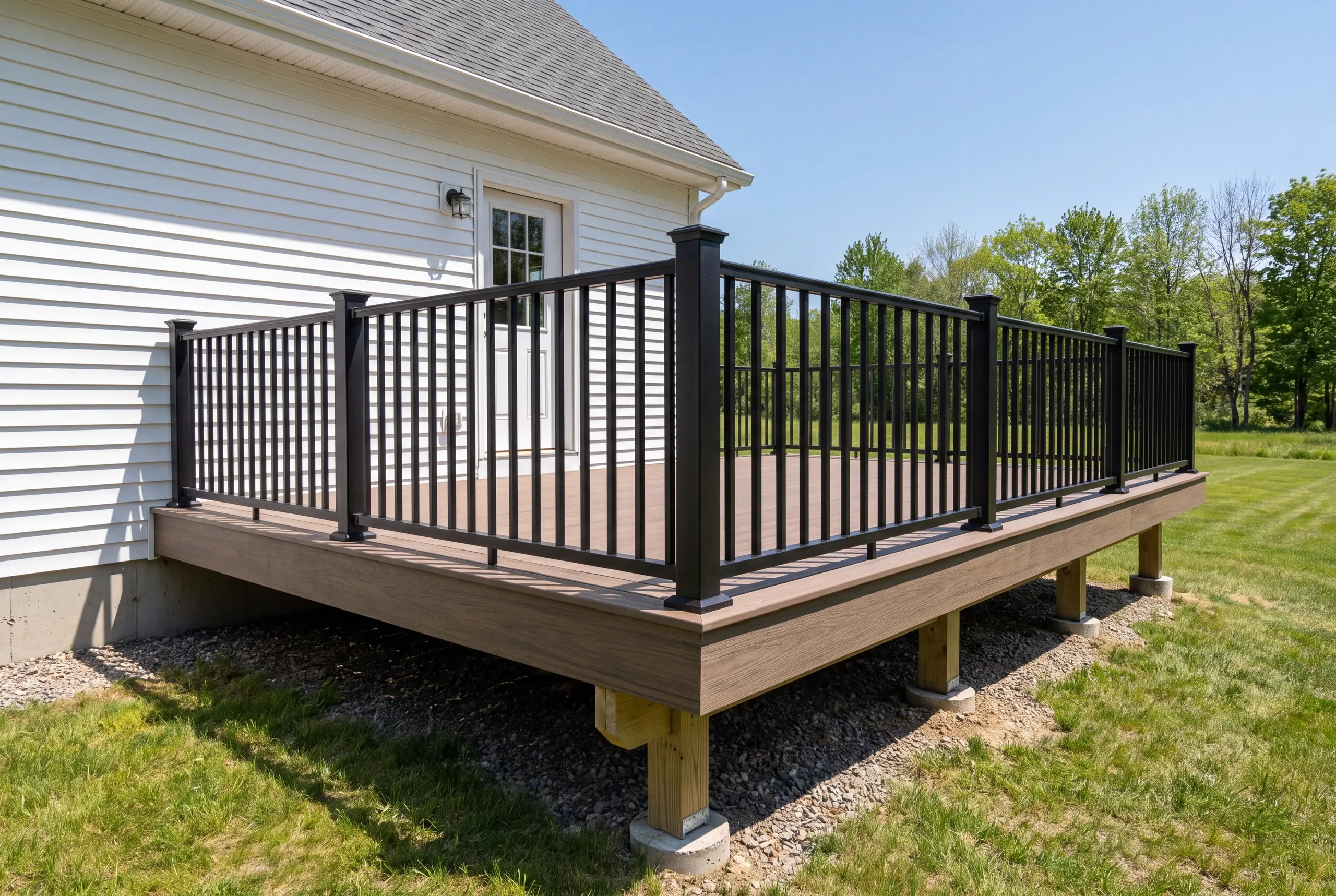 Custom deck builder Pittston Maine: attached deck with black railing on a white house overlooking open fields