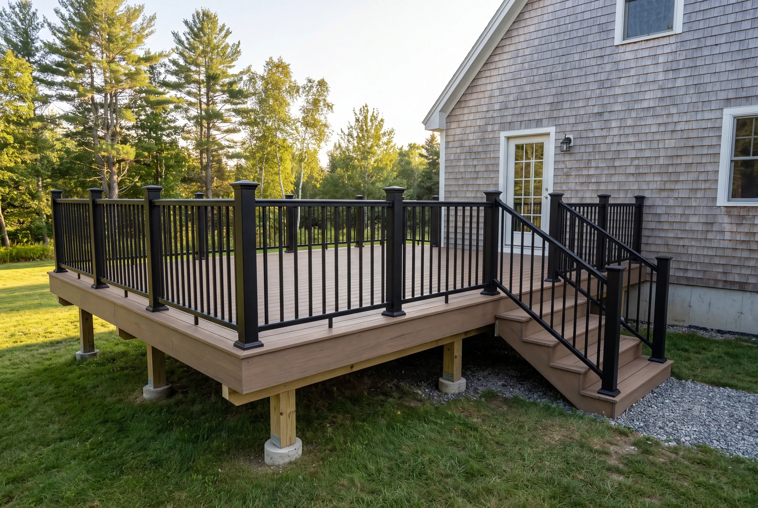 Deck contractor Pittston Maine: finished railed deck on a gray cedar shingle cape
