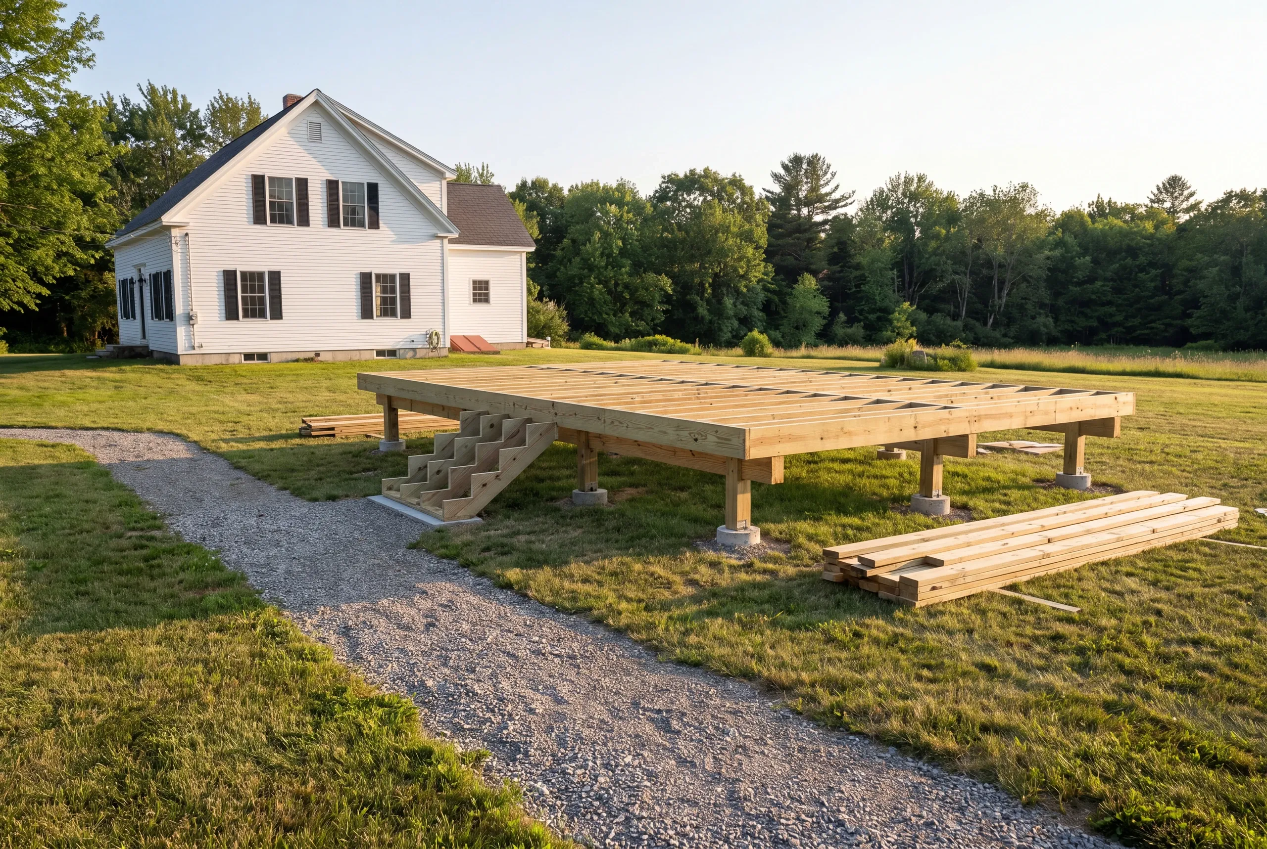Deck builder Pittston Maine: freestanding pressure-treated platform frame with stairs in a field off a gravel path
