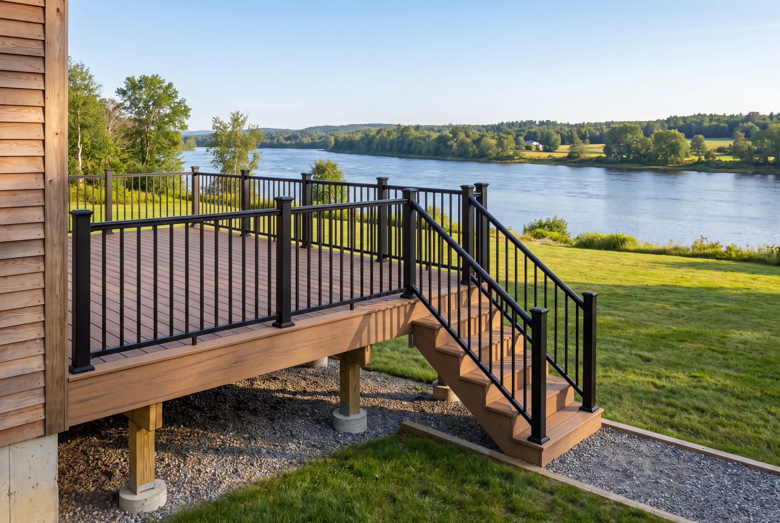 Custom deck builder Pittston Maine: railed deck against a brown wood-sided wall with a river view
