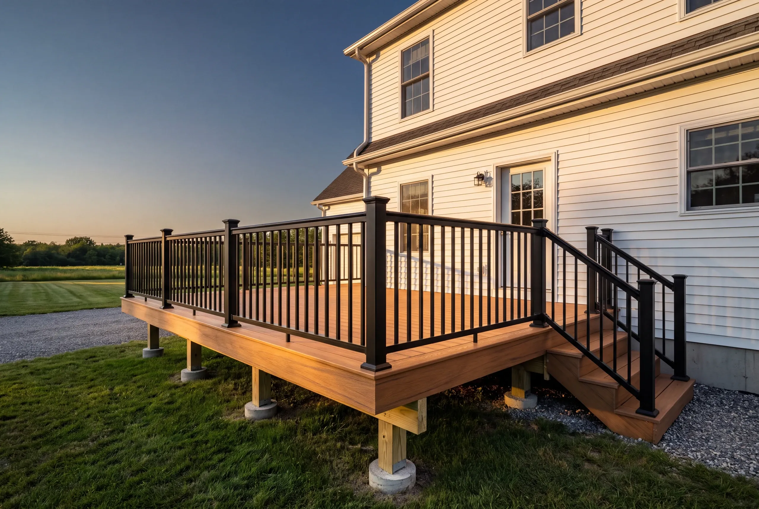 Deck contractor Pittston Maine: white two-story house with brown deck at dusk beside open fields