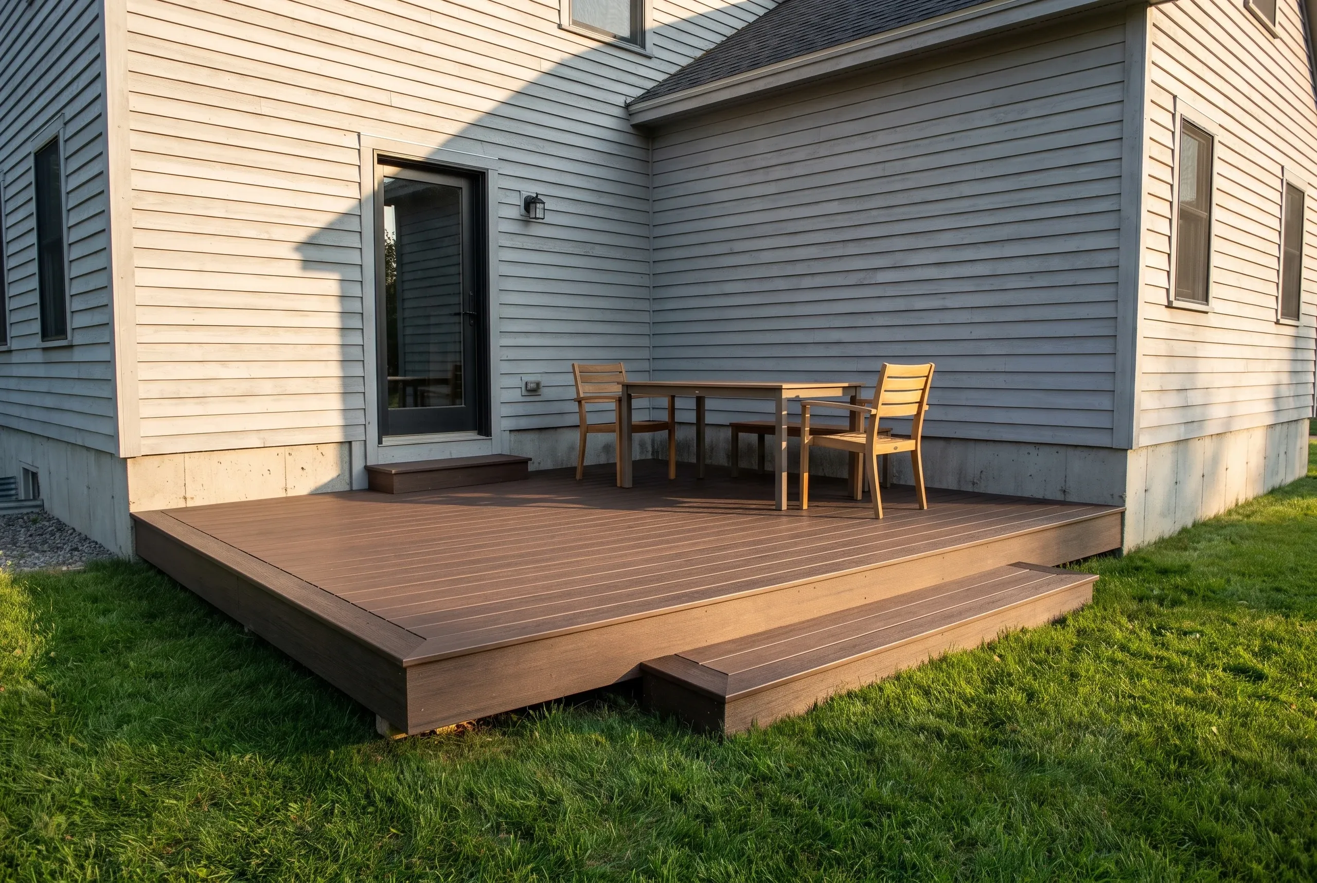 Deck builder in Rockland, ME: low brown composite deck with wrapped step and chairs beside a gray sided house in the yard