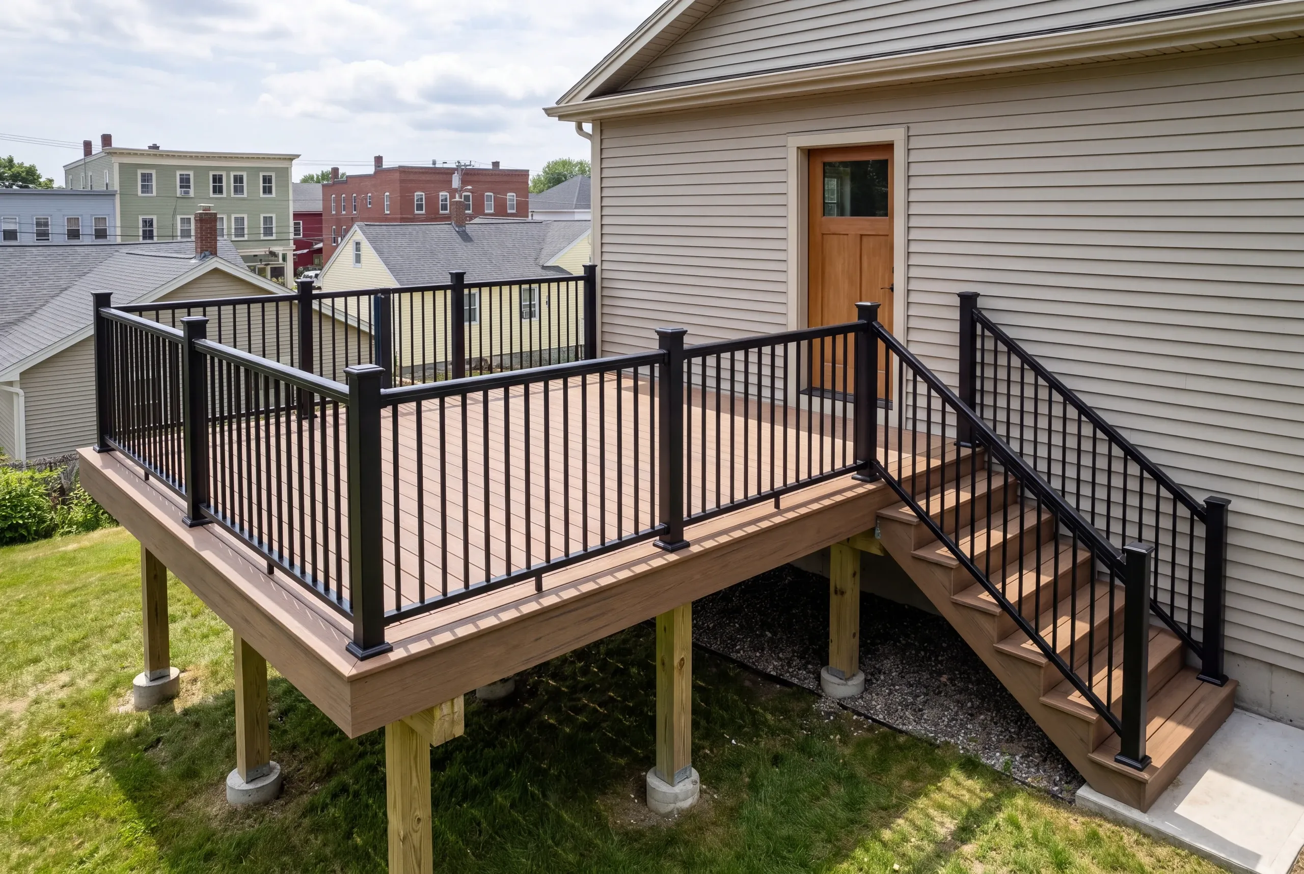 Custom deck builder Rockland Maine: upper-level deck with black railing above neighboring rooftops and a brick block