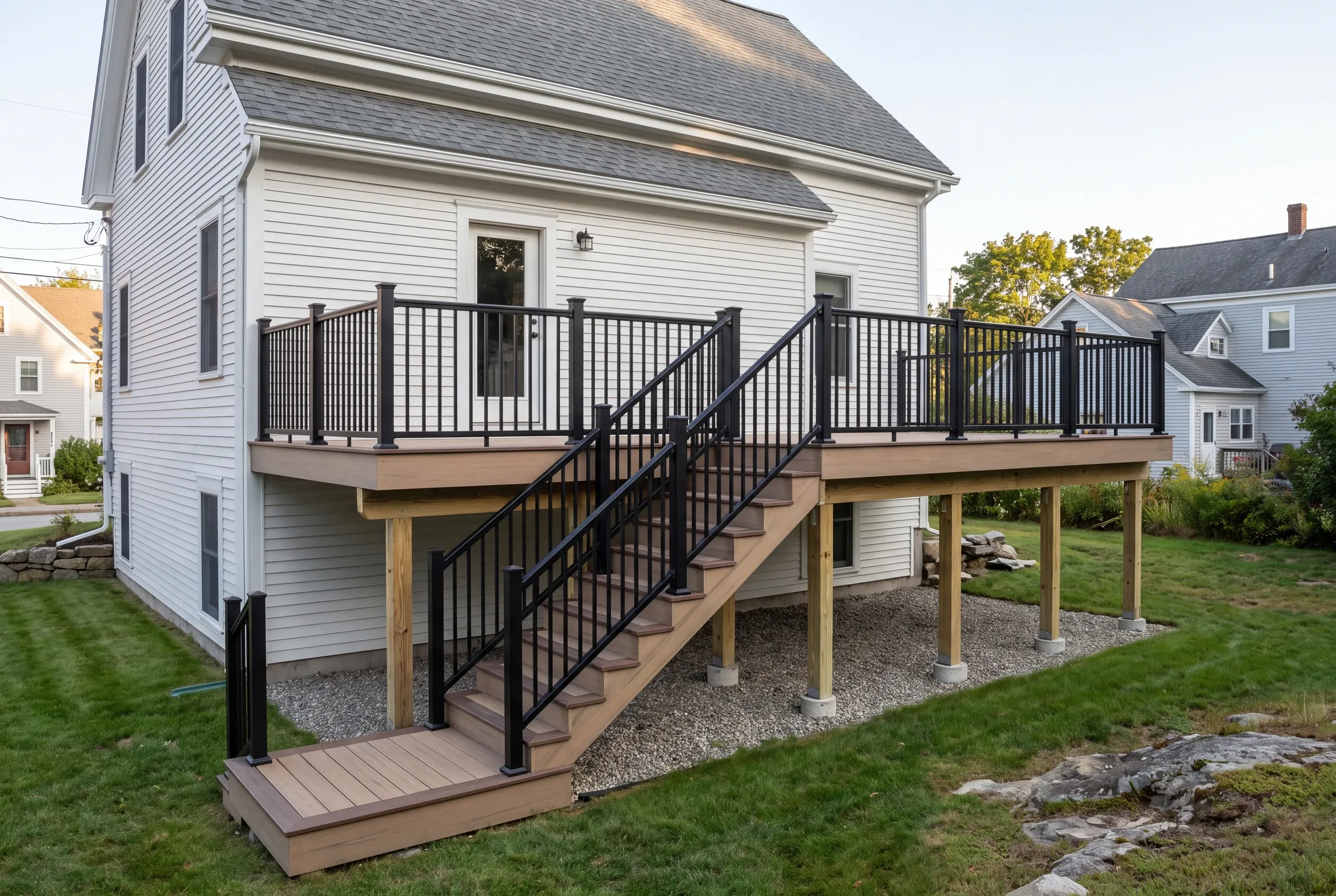 Deck contractor Rockland Maine: long deck stair with bottom landing serving a raised deck on a white colonial
