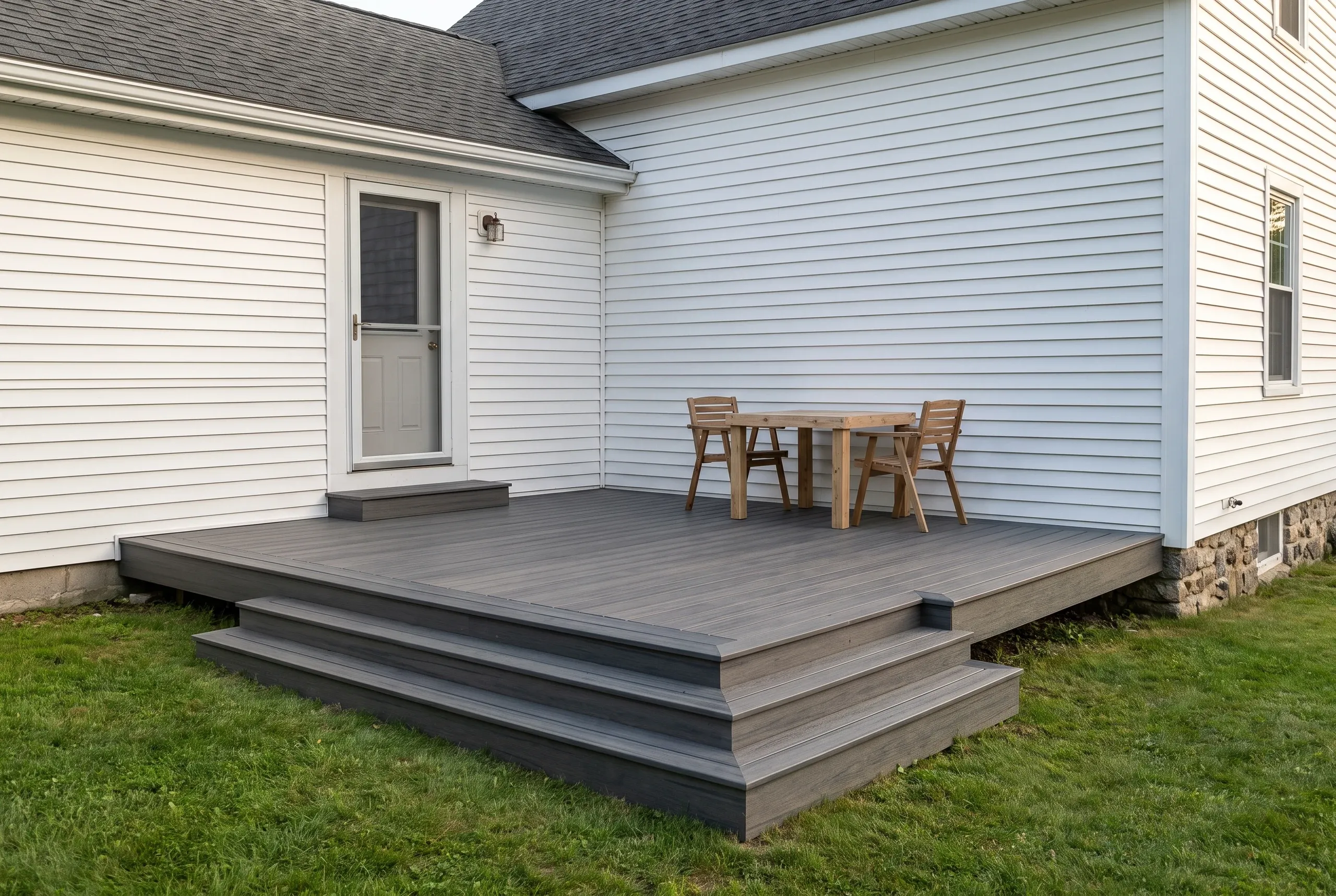 Deck builder Rockland Maine: low gray composite deck with wide step beside a white sided house on a mowed lawn