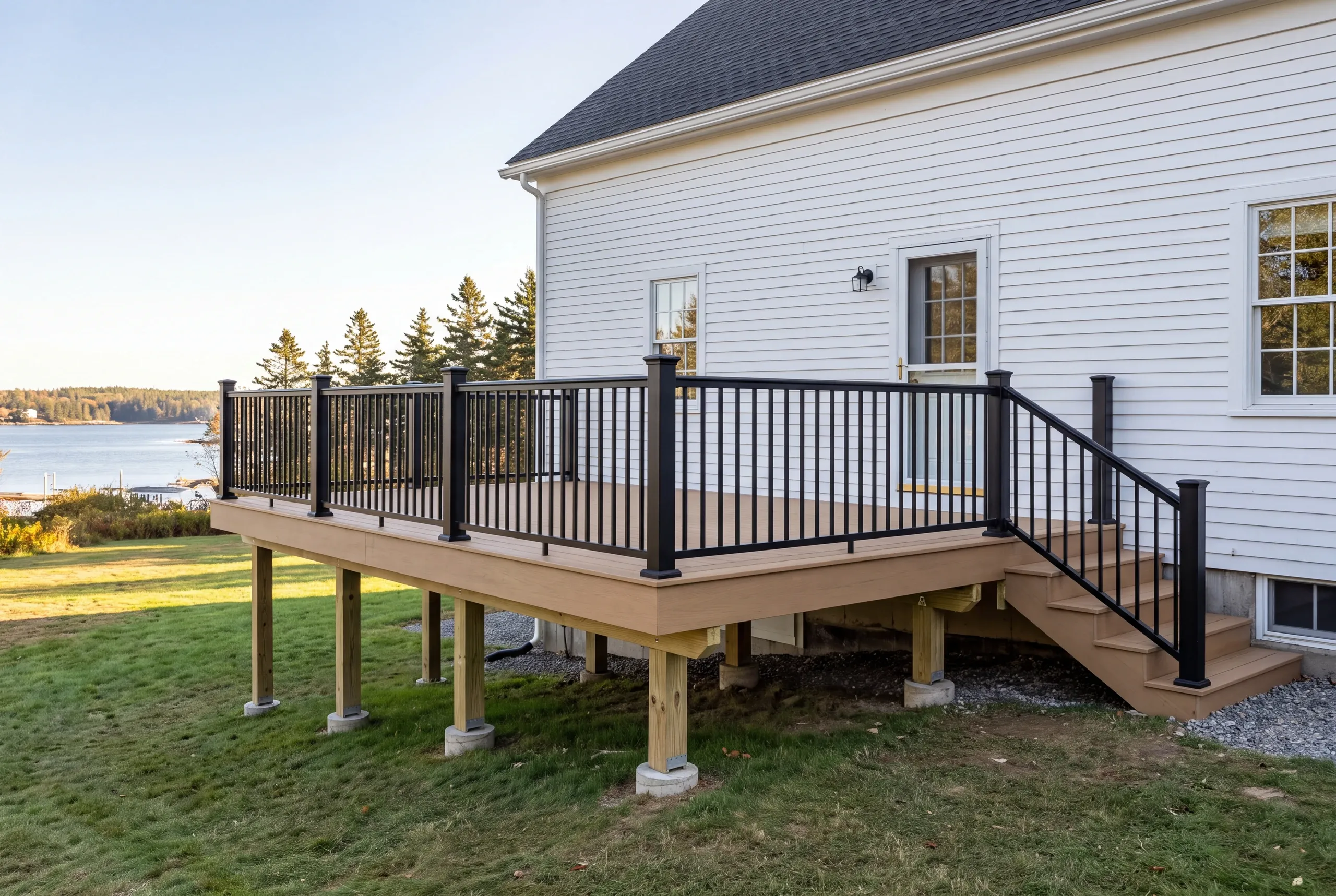 Custom deck builder Rockland Maine: raised deck with black railing on a white house with harbor water beyond