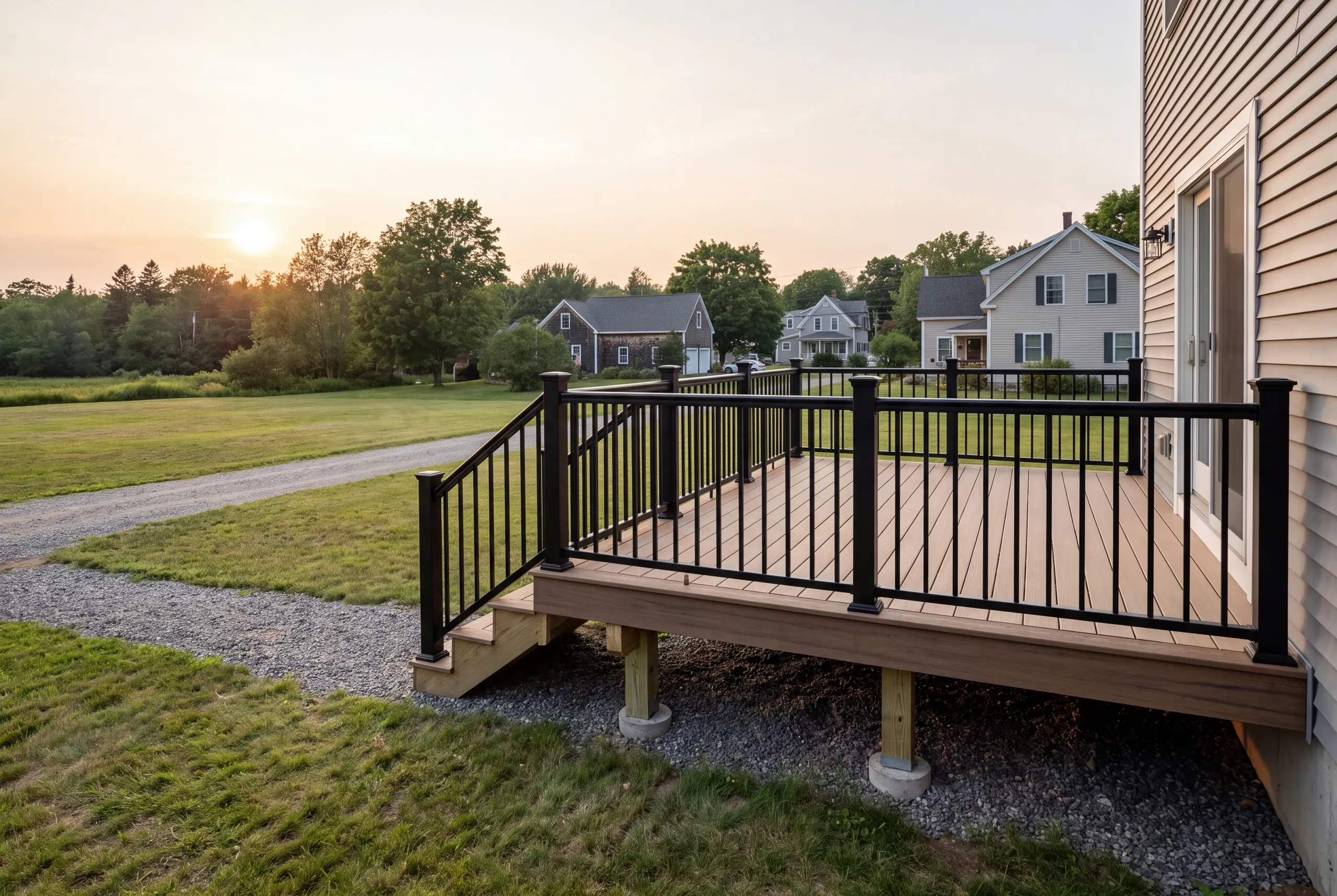 Deck contractor Rockland Maine: low deck on a gray clapboard house at sunset beside a gravel drive