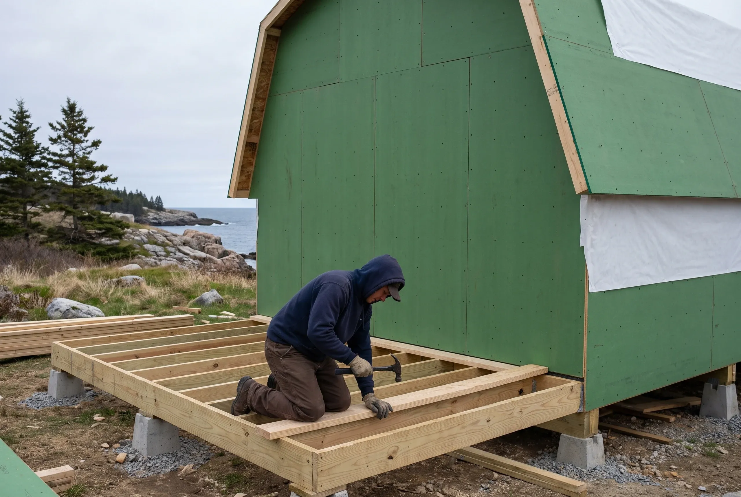 Deck builder in Rockport, ME: worker nailing a low joist frame on concrete pier blocks beside a gambrel house in green sheathing by the sea