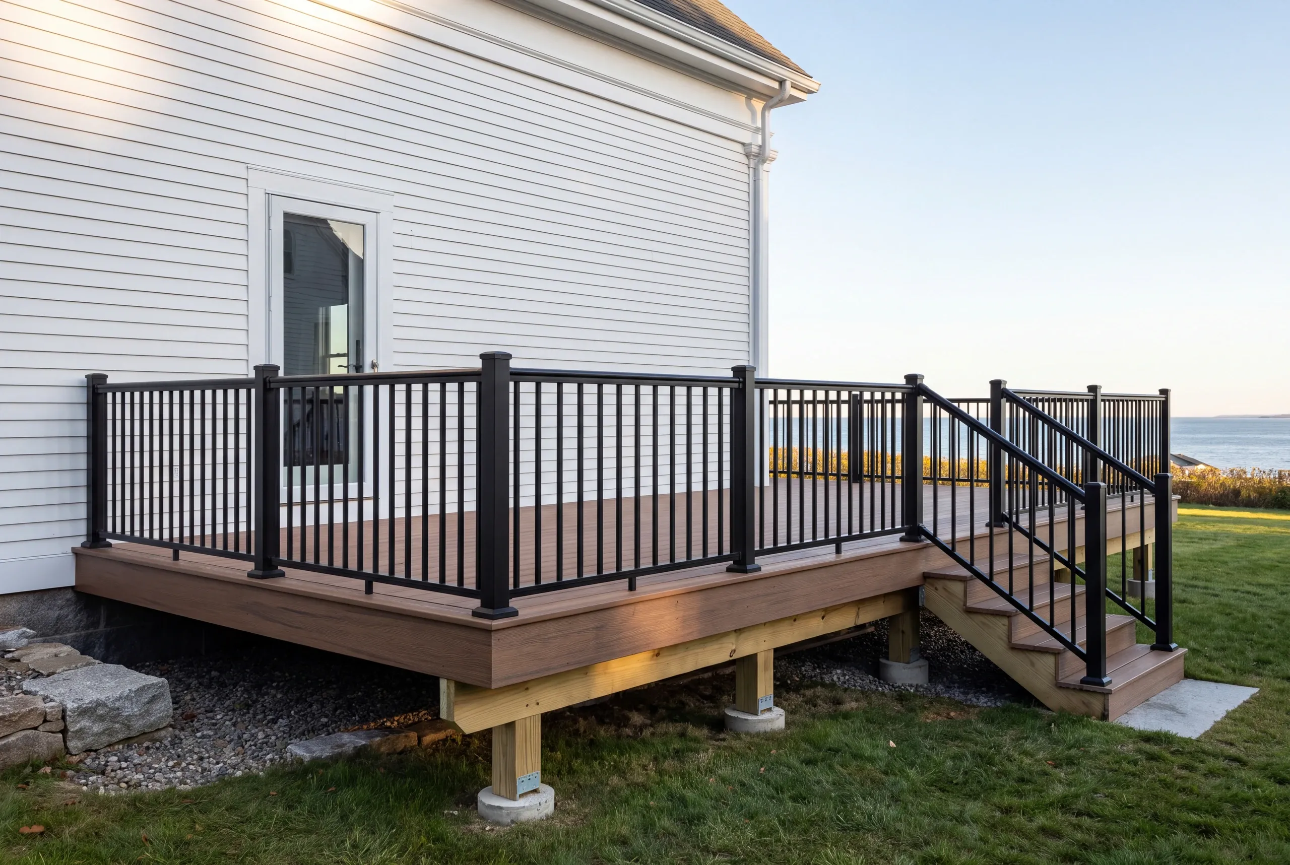 Custom deck builder Rockport Maine: white clapboard house with deck above granite blocks and open ocean