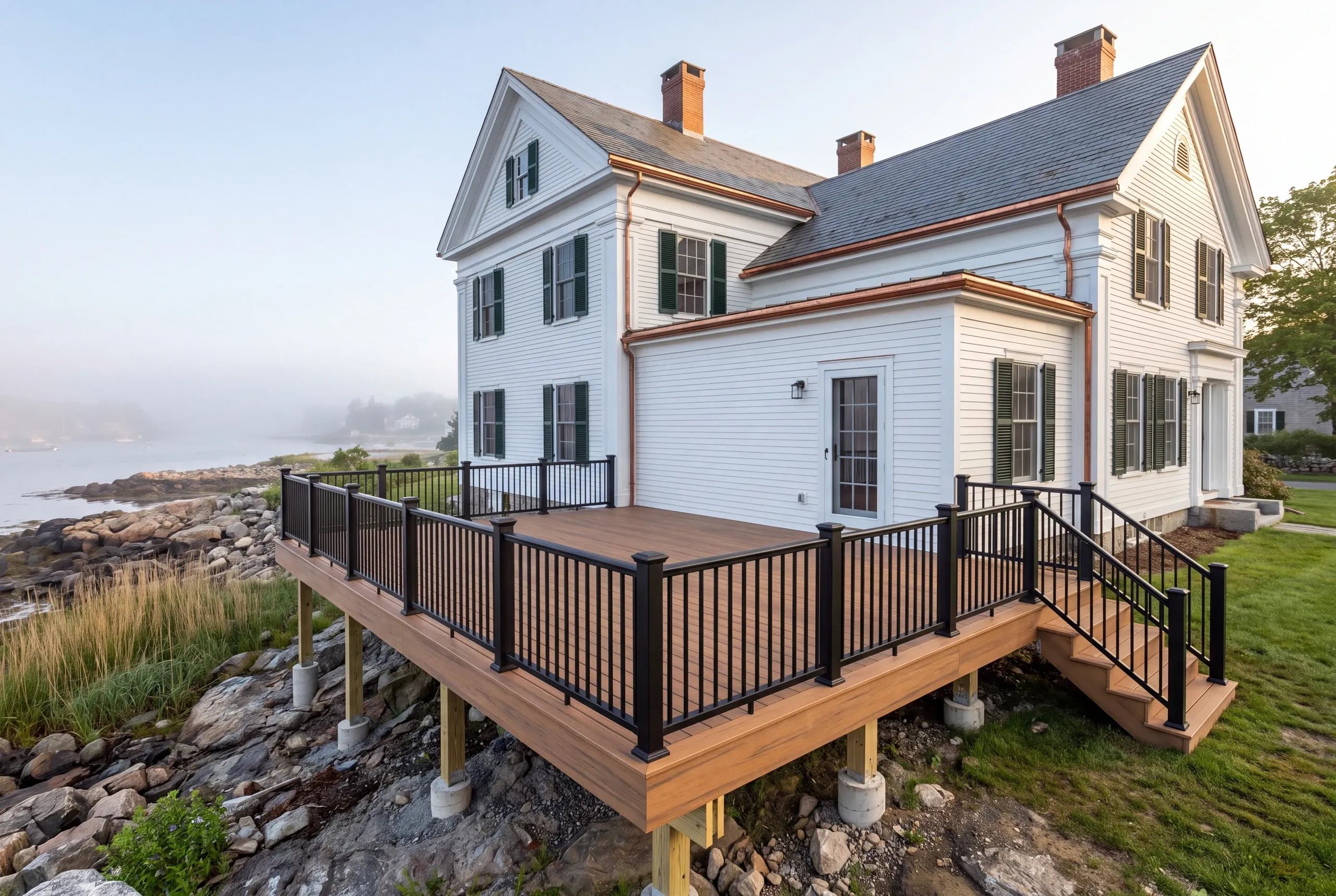 Deck contractor Rockport Maine: raised deck on a white colonial with black shutters on a foggy rocky shore