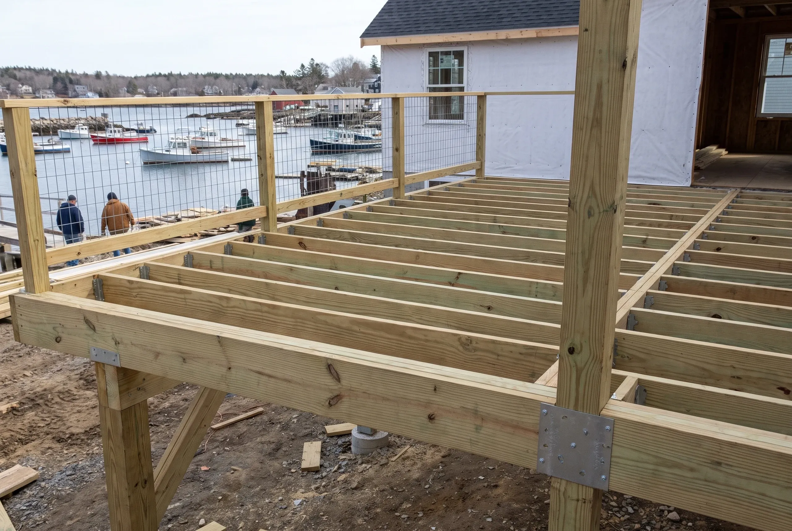 Deck builder Rockport Maine: new joist frame with metal hangers and a wire-panel rail above a harbor full of moored boats