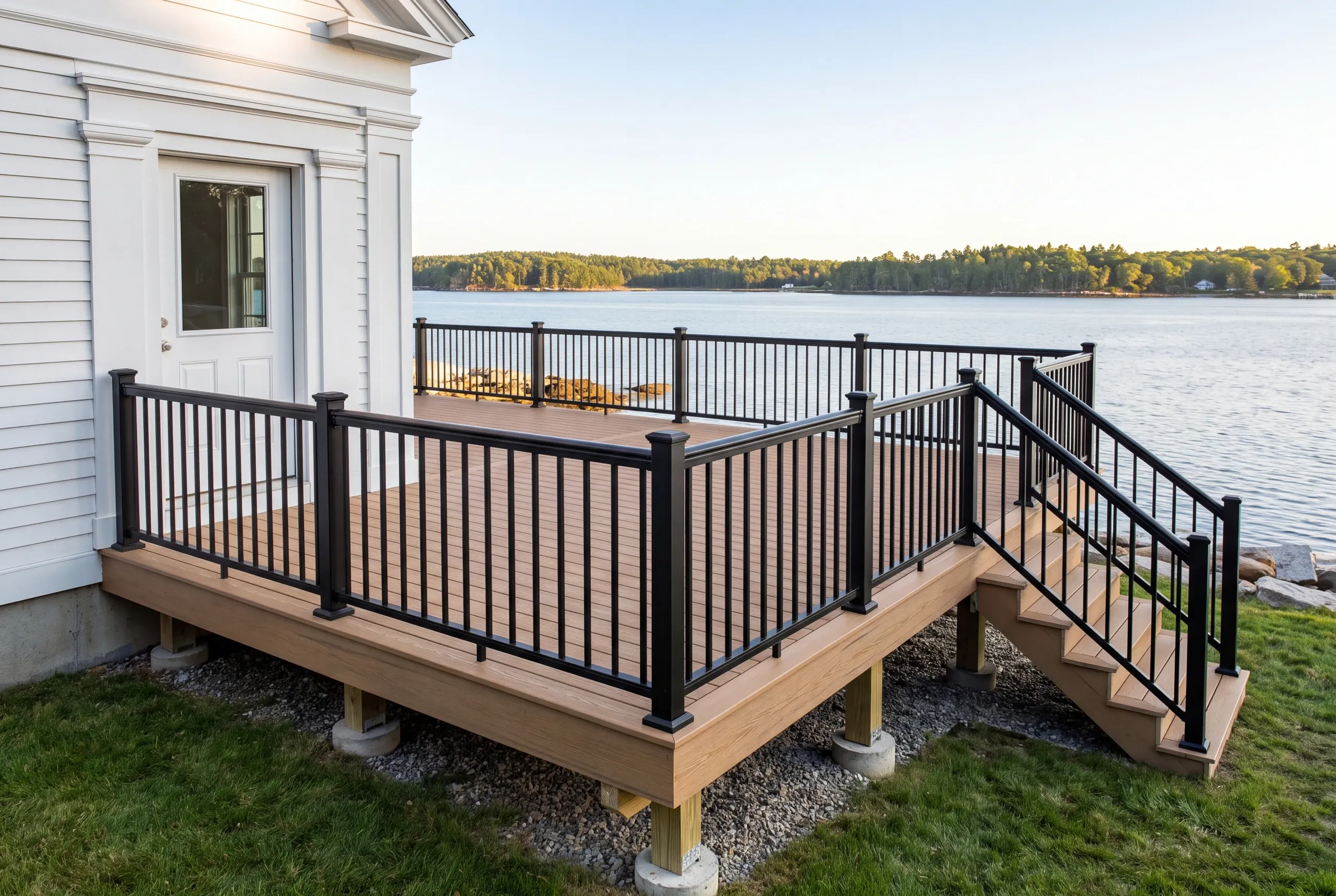 Custom deck builder Rockport Maine: deck with black railing on a white house facing water and a wooded shore