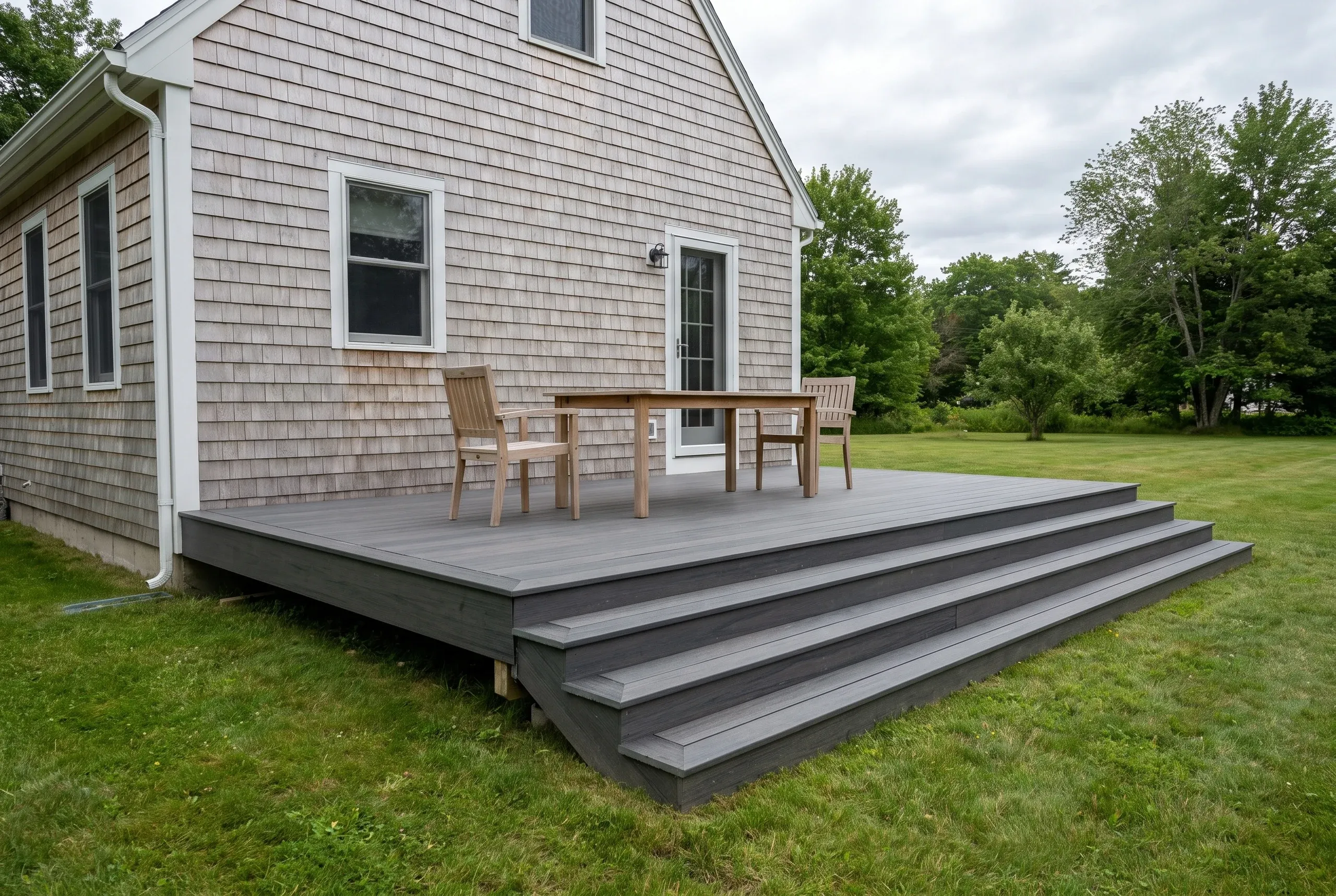 Deck contractor Rockport Maine: low gray deck with wide wraparound steps, a wood table and two chairs beside a cedar-shingled house