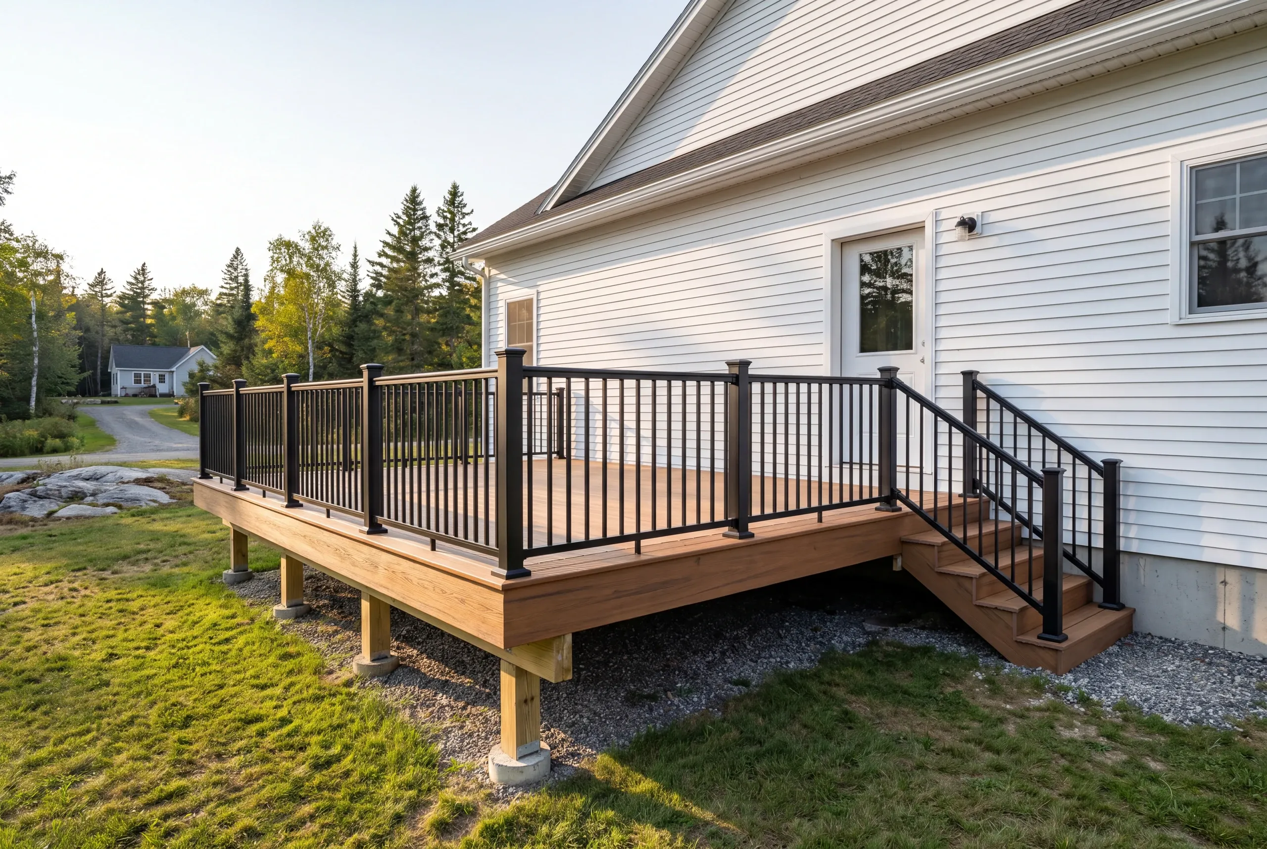Deck builder in Searsmont, ME: deck with black railing on the eave side of a white clapboard house near woods