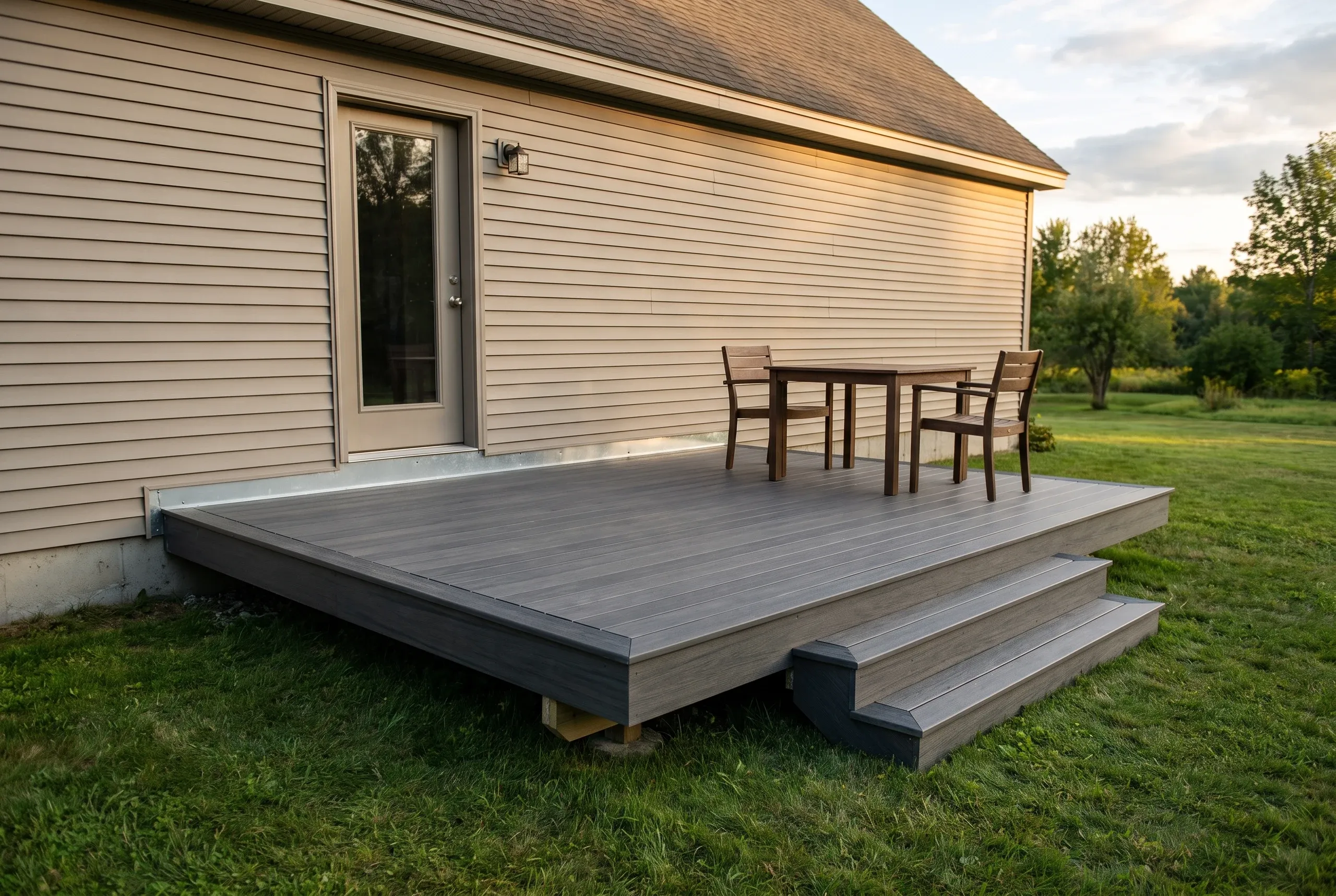 Custom deck builder Searsmont Maine: low gray composite deck with step and chairs beside a tan sided house on a lawn