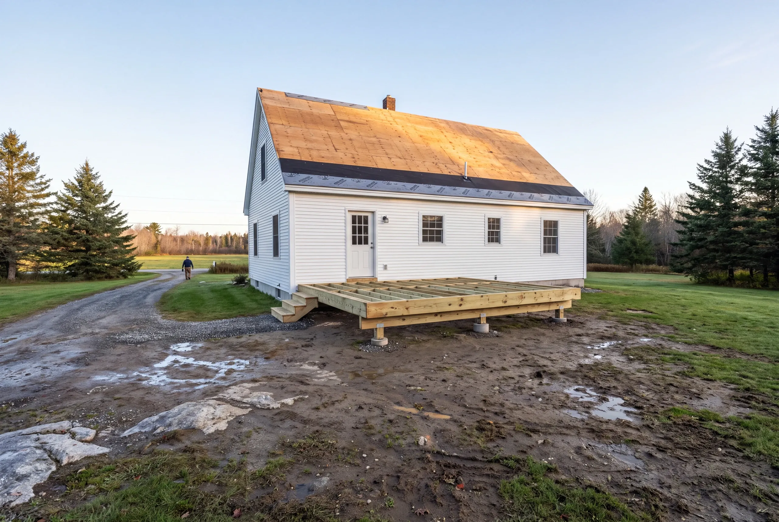 Deck contractor Searsmont Maine: low joist frame on piers behind a white cape with roof in sheathing, muddy yard