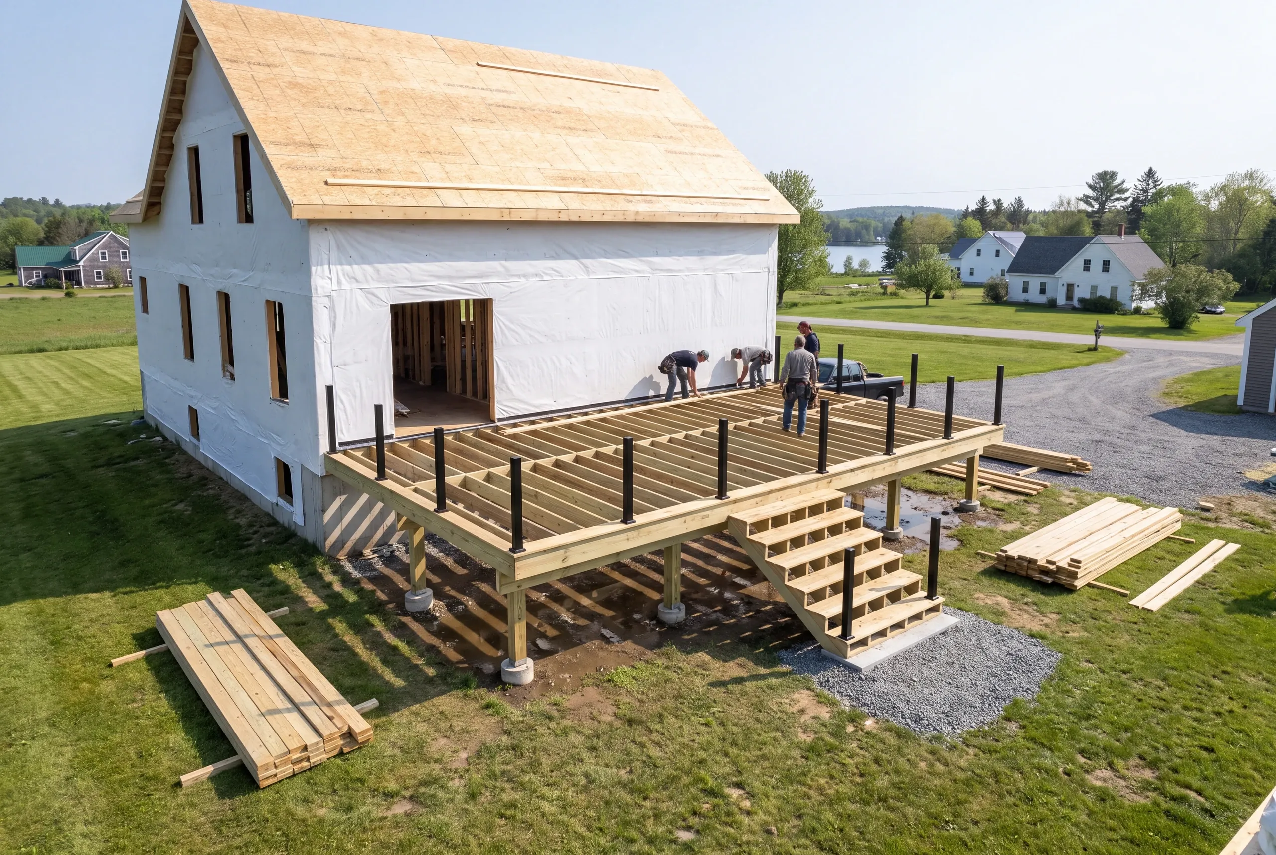 Deck builder Searsmont Maine: four workers on a large deck frame with black posts at a new two-story house