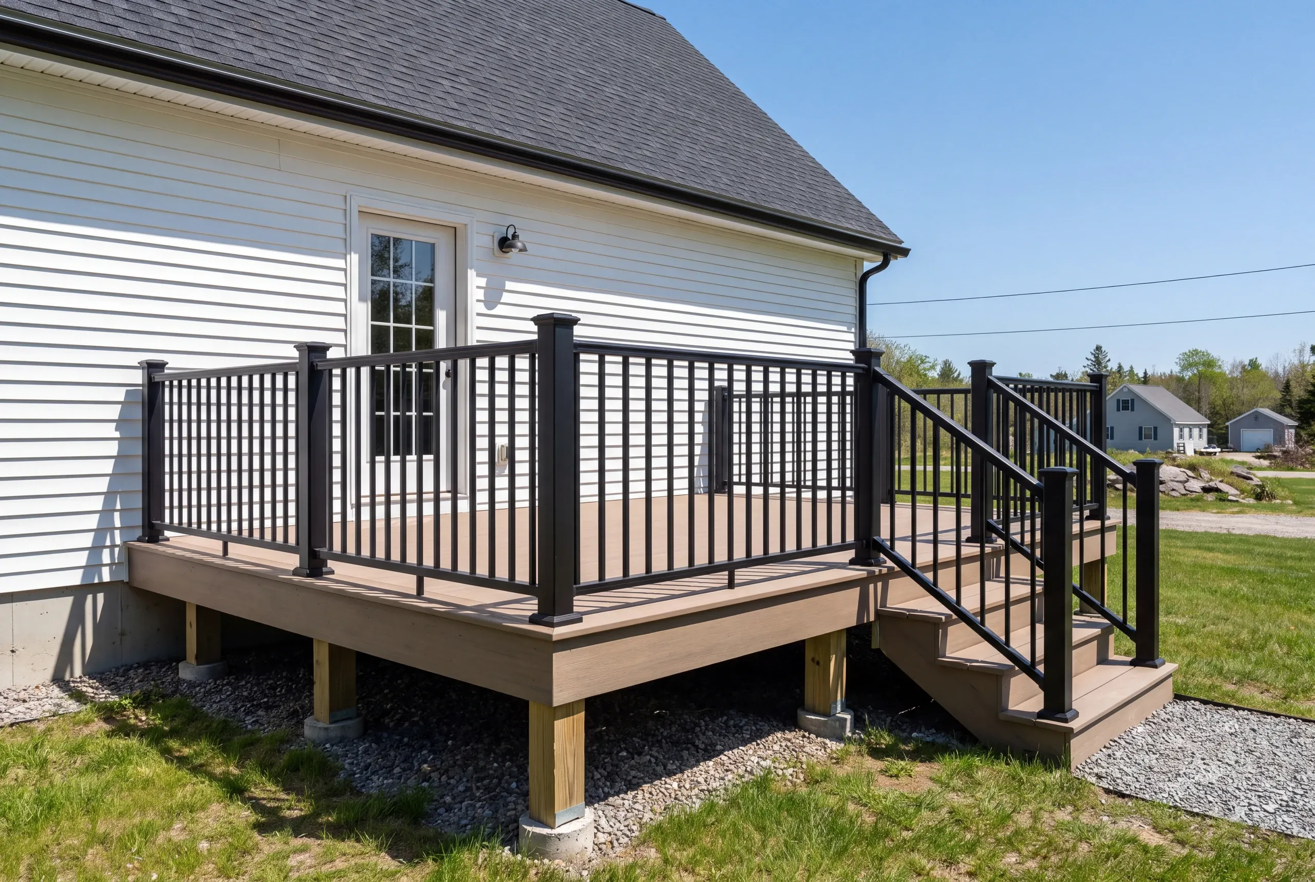 Custom deck builder Searsmont Maine: dark brown deck with black railing and stairs on a white house
