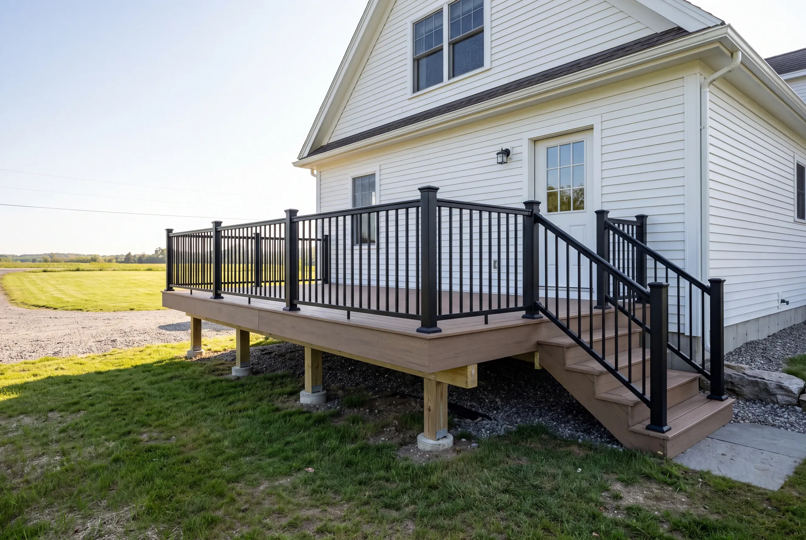 Deck contractor Searsmont Maine: white house with dark brown deck, black railing and stone pad by a field
