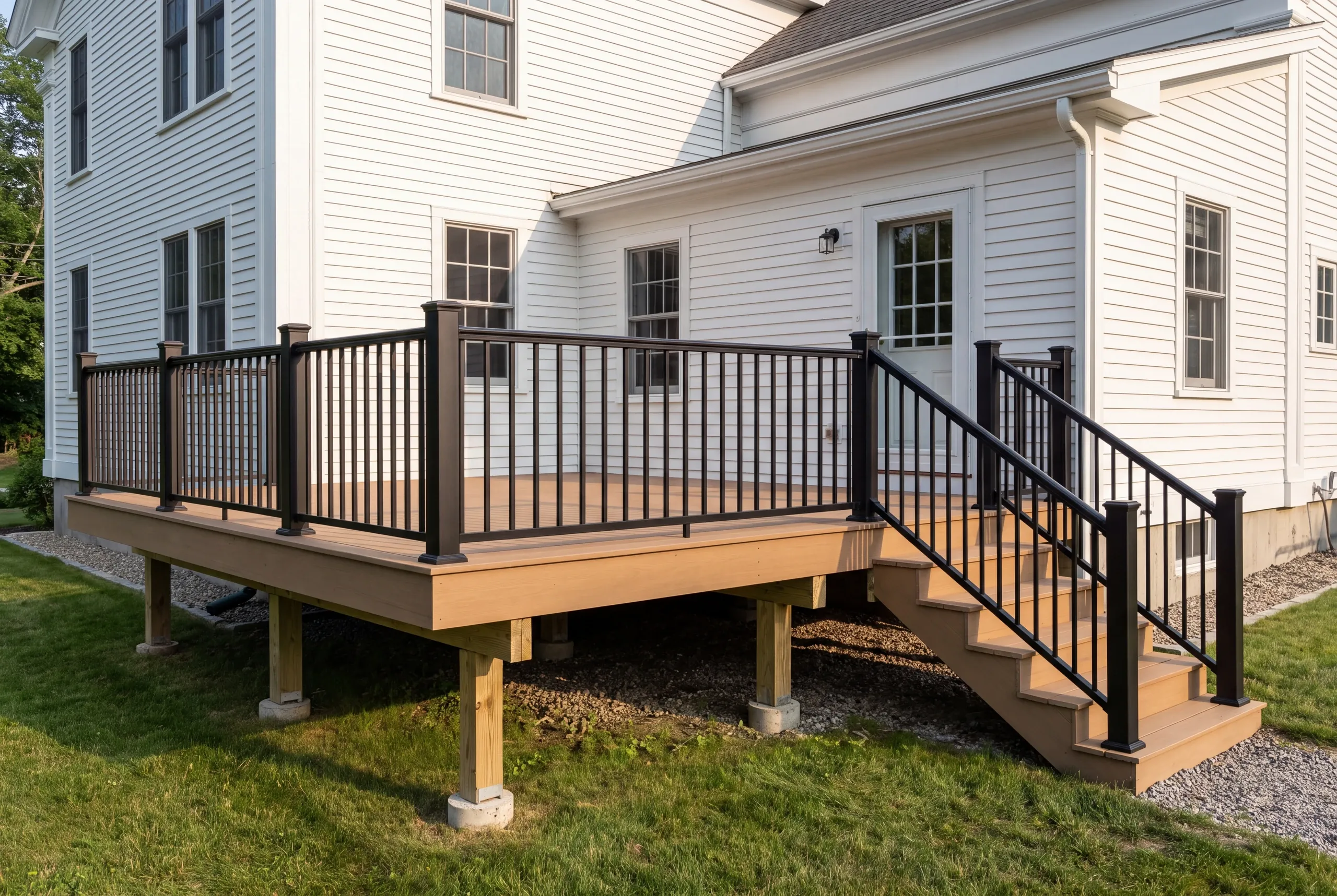 Deck builder in Thomaston, ME: deck with black railing and stairs on the side of a white colonial