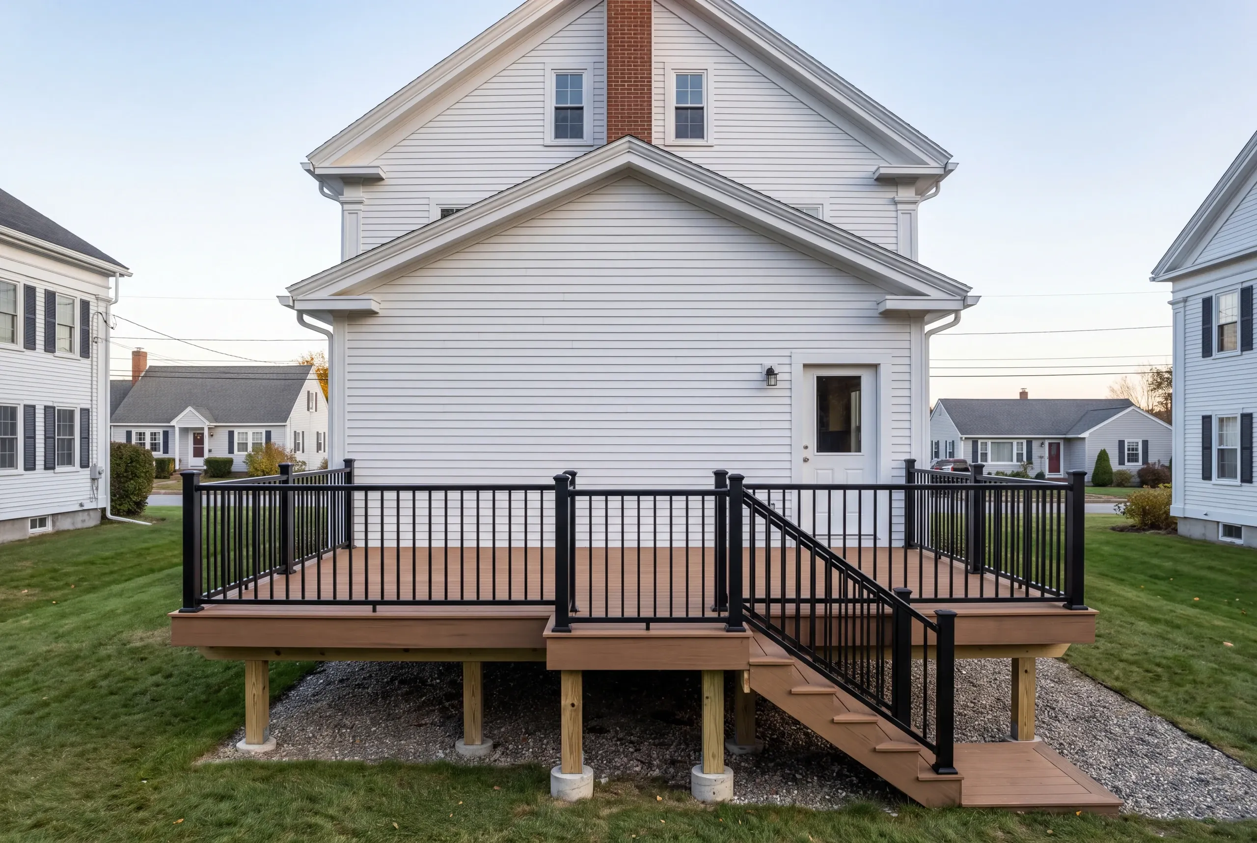Custom deck builder Thomaston Maine: finished deck with black railing behind a white gable-front house with center chimney