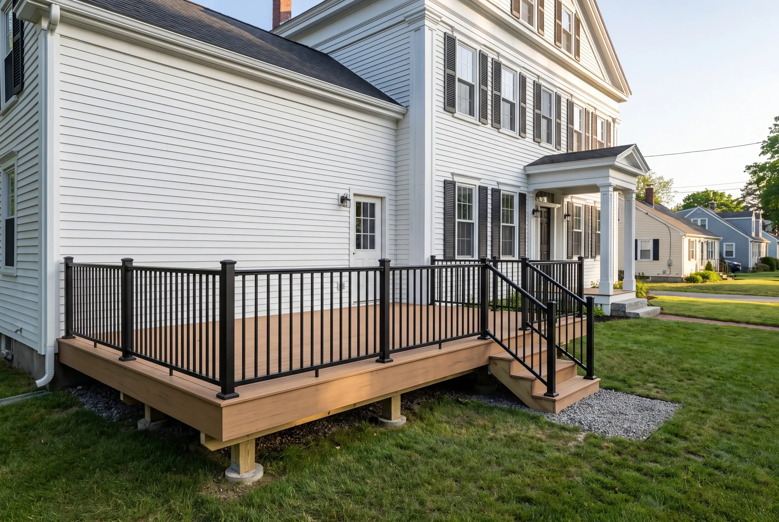 Deck contractor Thomaston Maine: low deck with black railing beside a white colonial with columned entry