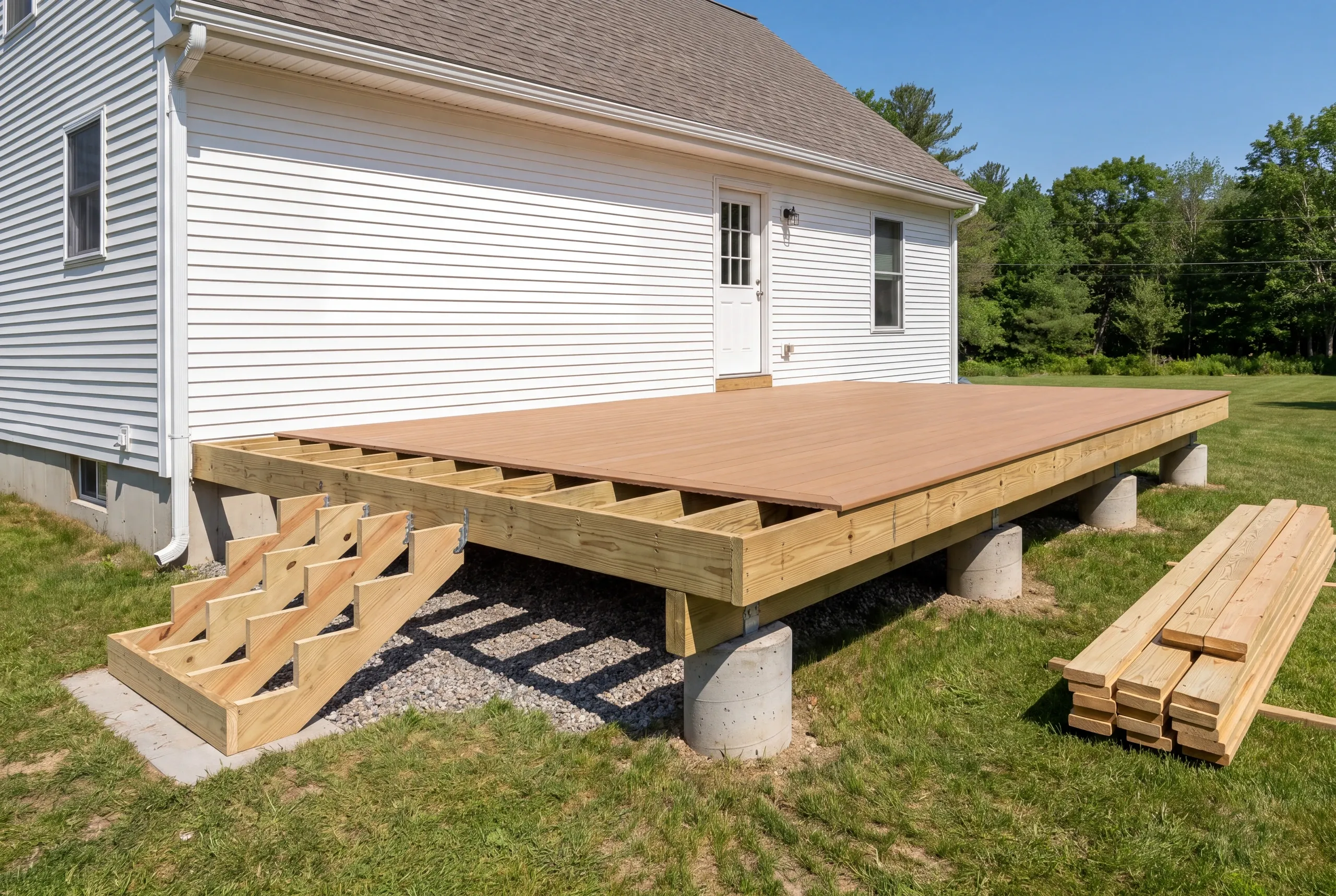 Deck builder Thomaston Maine: low deck with boards partly laid on a pressure-treated frame behind a white cape