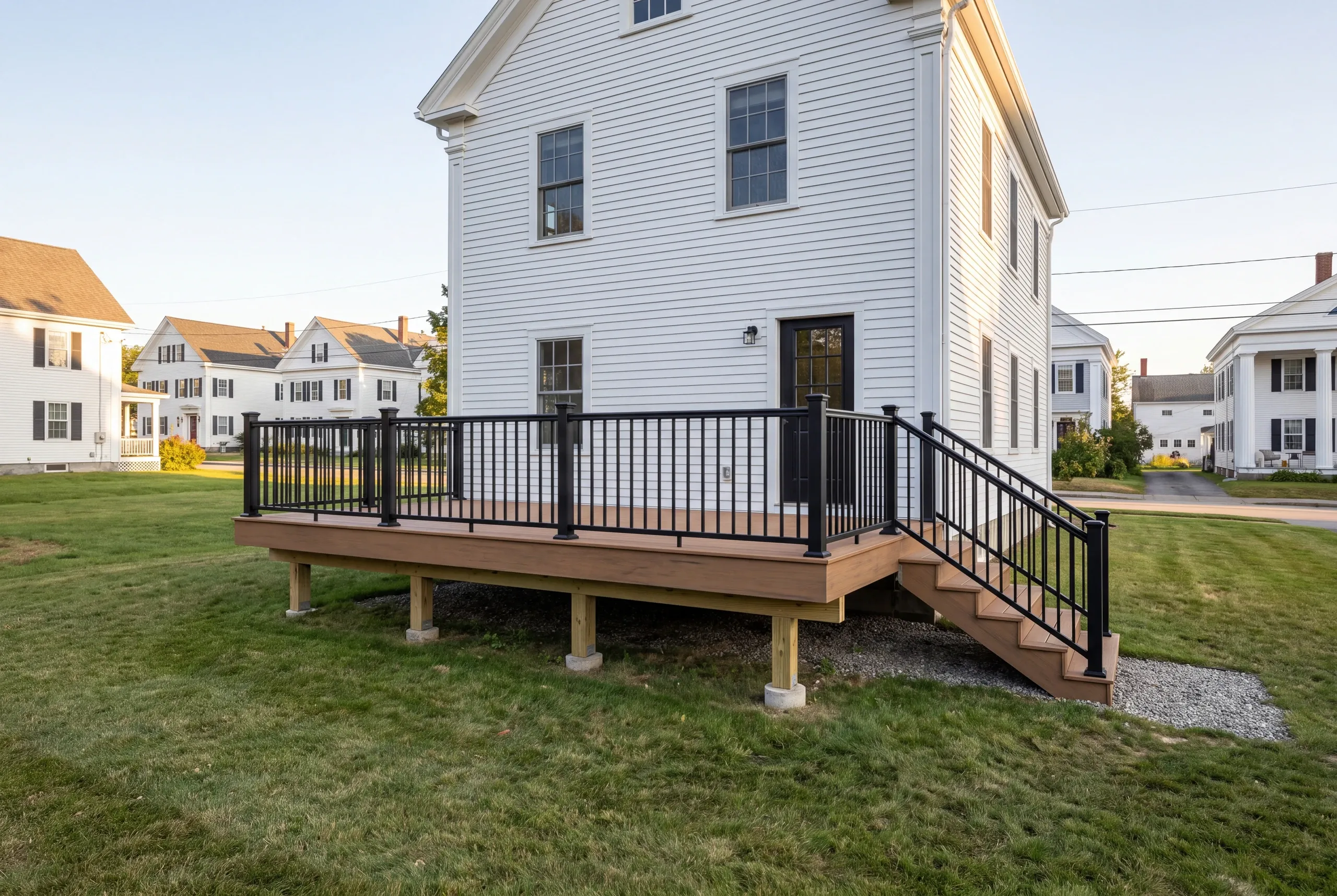 Custom deck builder Thomaston Maine: finished deck with black railing on a white Federal-style two-story house
