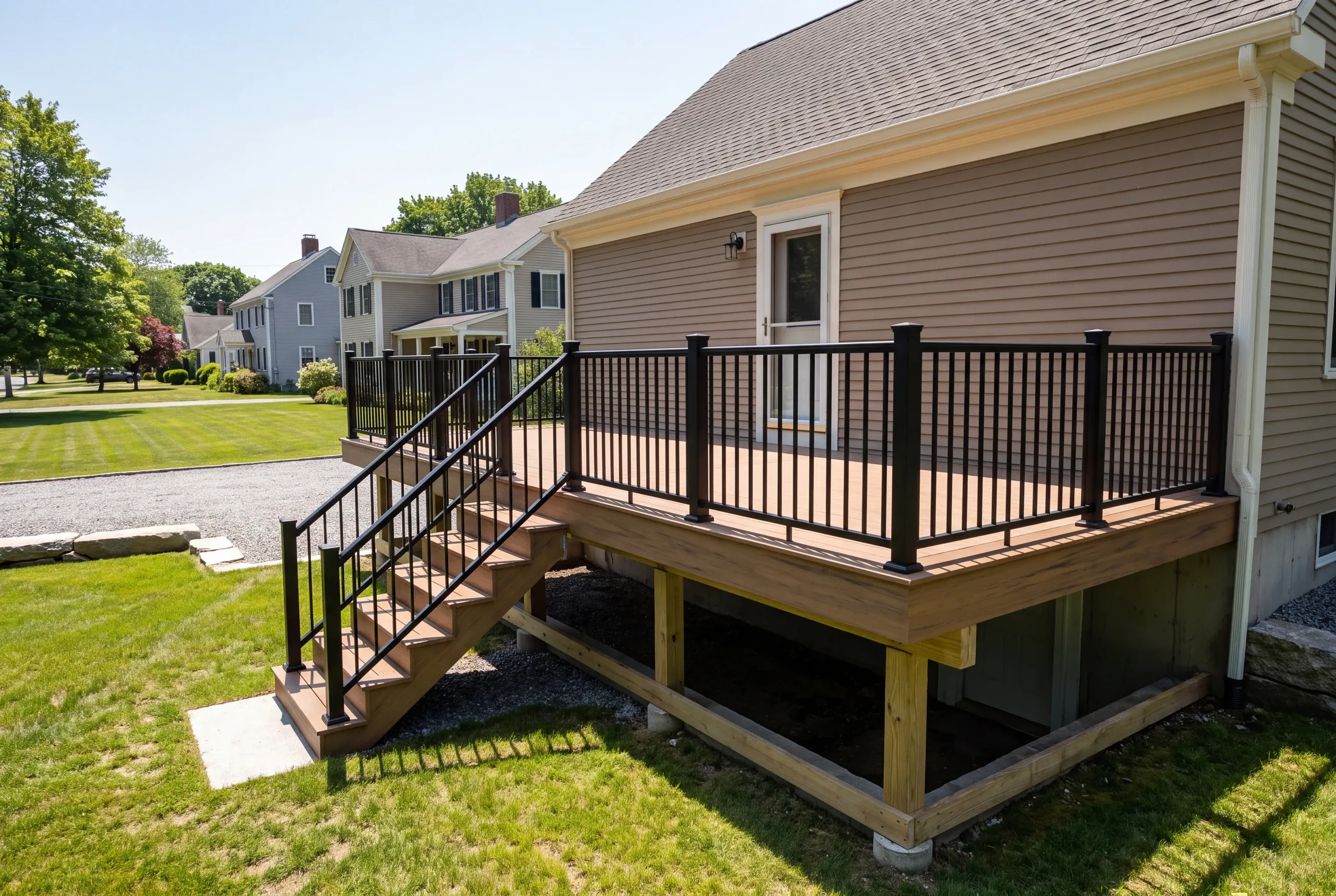 Deck contractor Thomaston Maine: raised deck with black railing on a tan clapboard house in a neighborhood