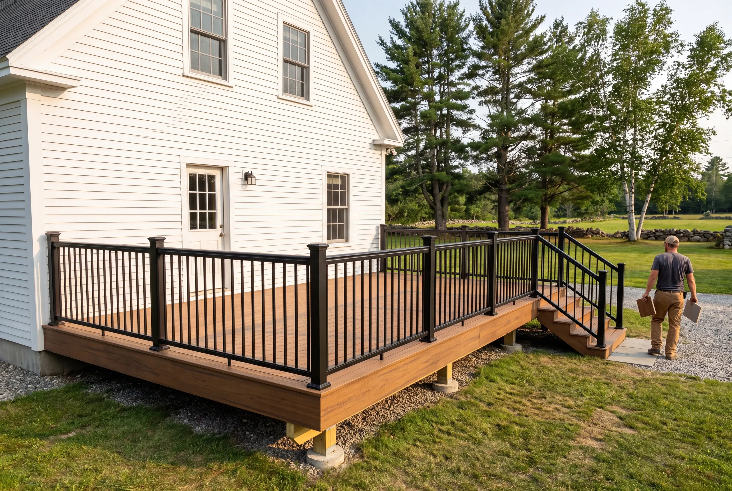 Deck builder in Waldoboro, ME: brown deck with black railing on a white farmhouse, man carrying board samples