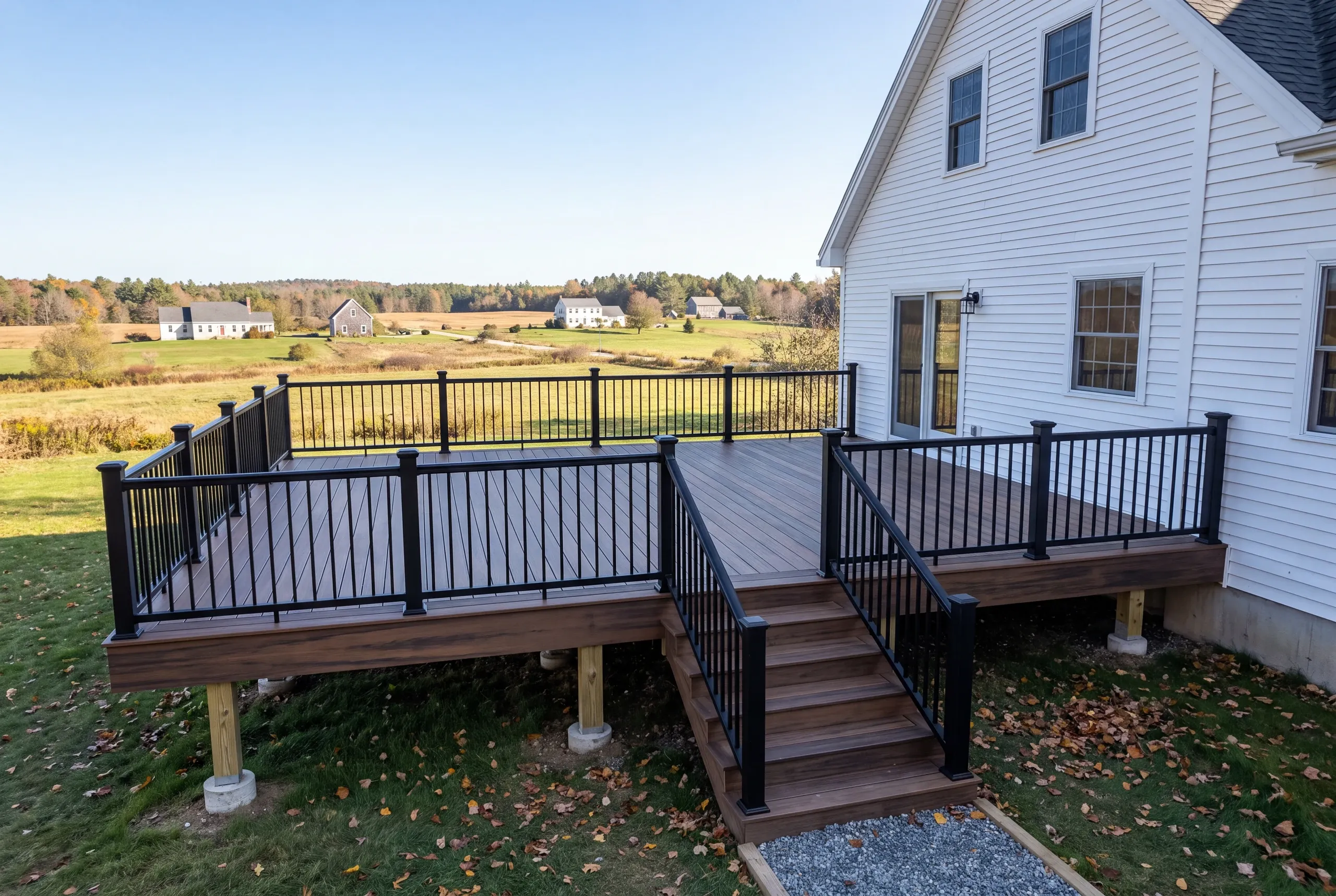 Custom deck builder Waldoboro Maine: large deck with dark boards and black railing overlooking farm fields