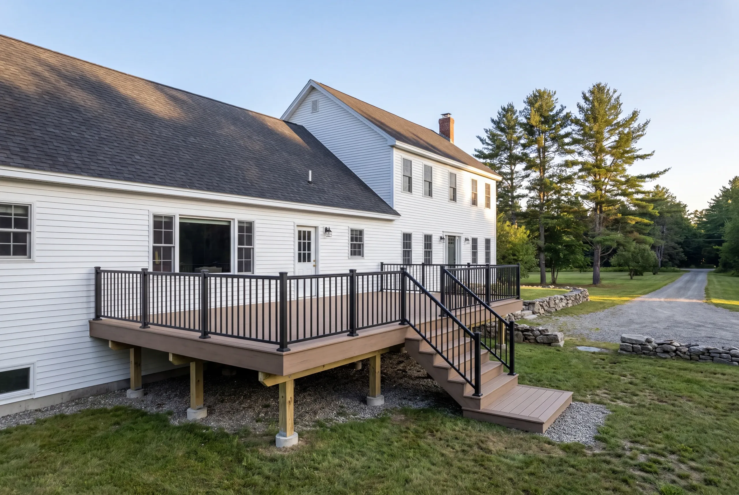 Deck contractor Waldoboro Maine: white farmhouse with brown deck, black railing, stone wall and gravel drive