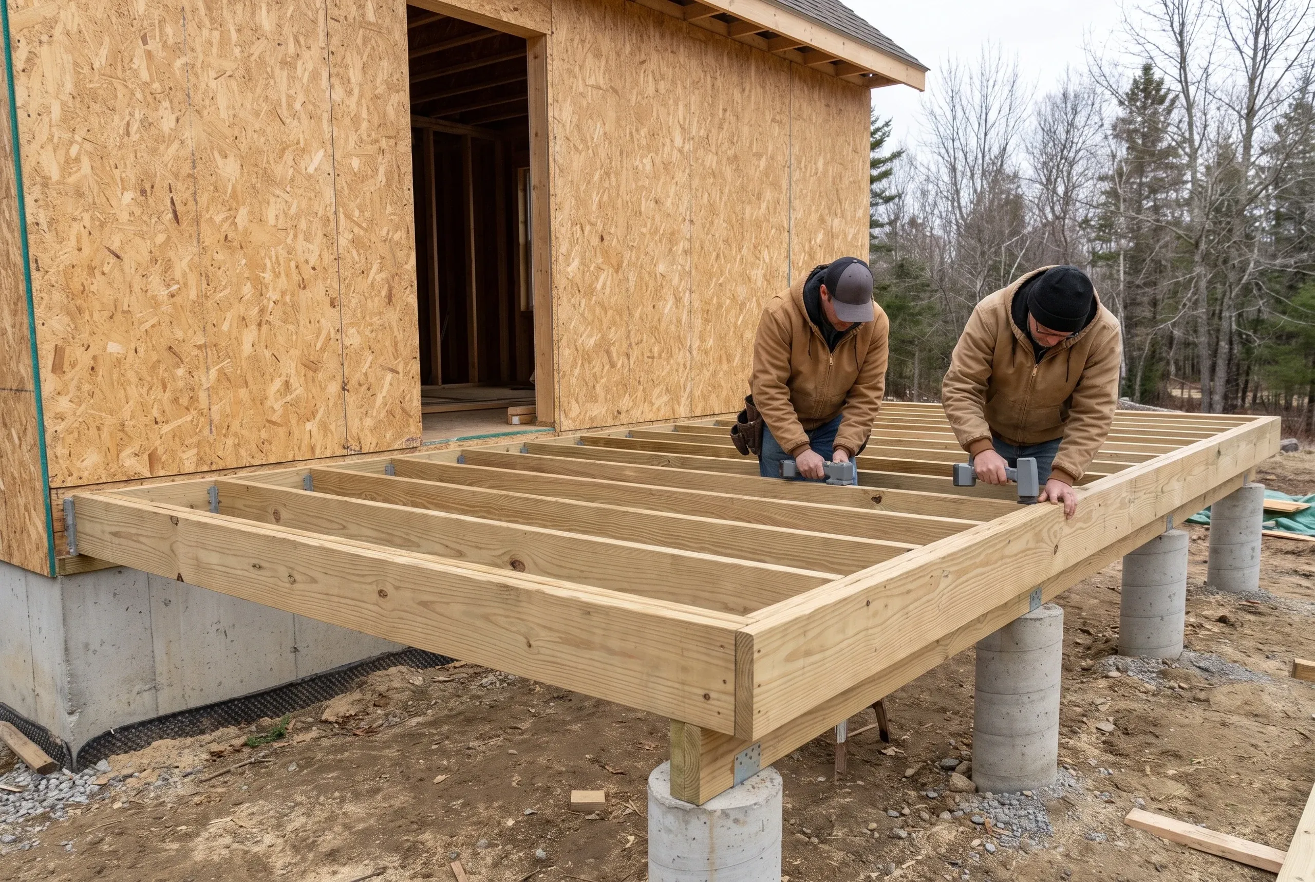 Deck builder Waldoboro Maine: two workers fastening a pressure-treated joist frame on round concrete piers beside a sheathed house