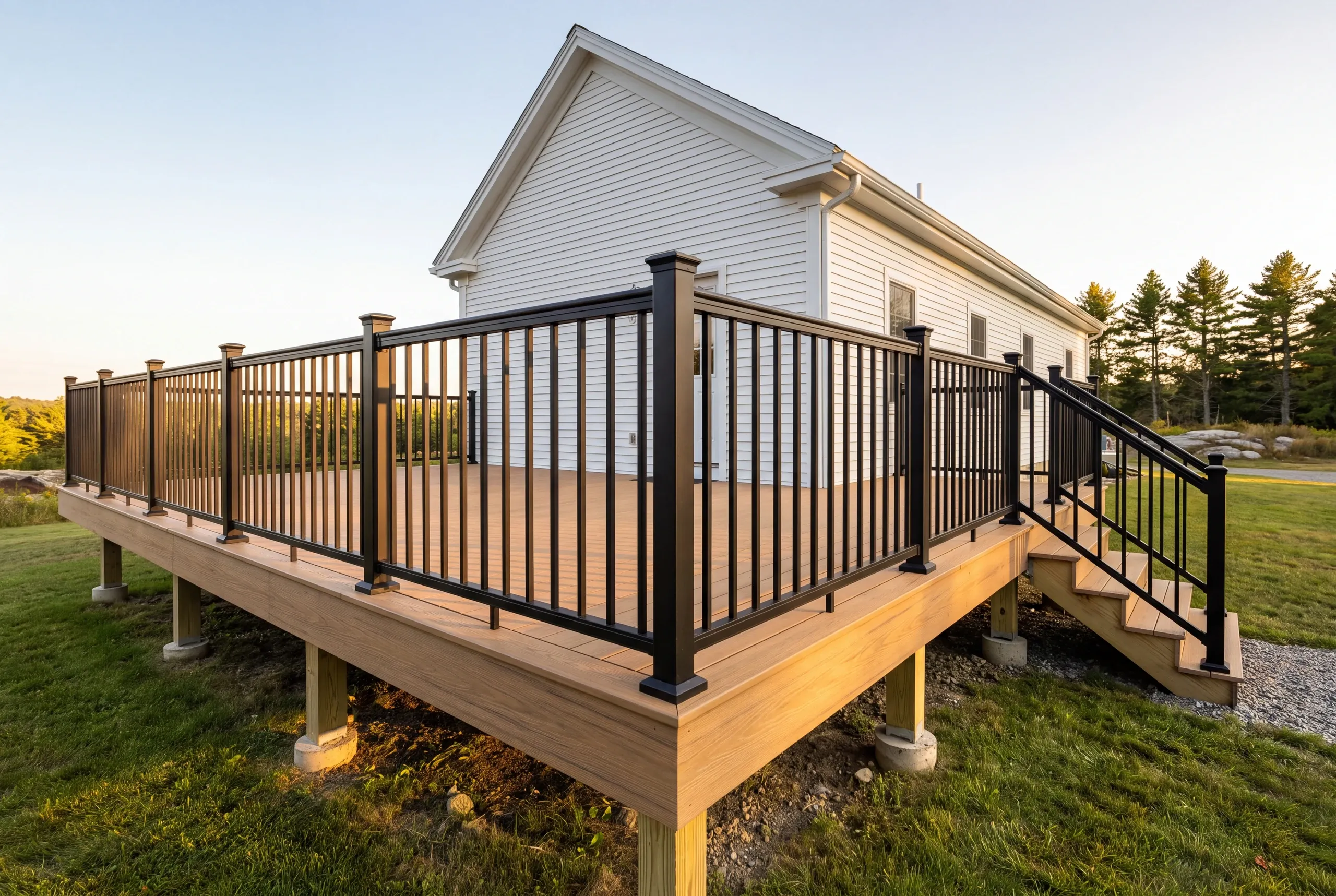 Custom deck builder Waldoboro Maine: finished deck with black railing at a white farmhouse facing open fields