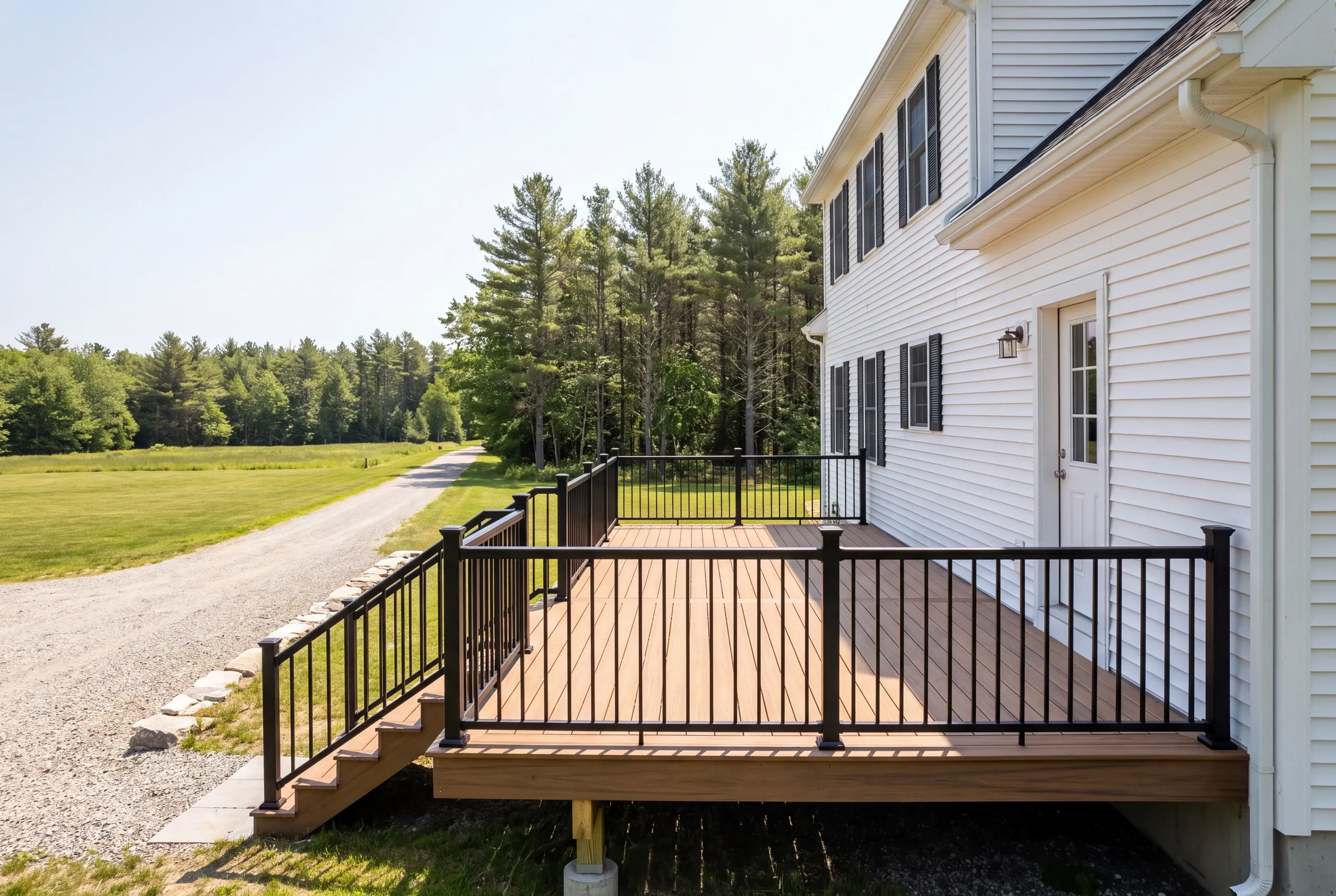 Deck contractor Waldoboro Maine: white colonial with railed deck and stairs beside a gravel drive and field