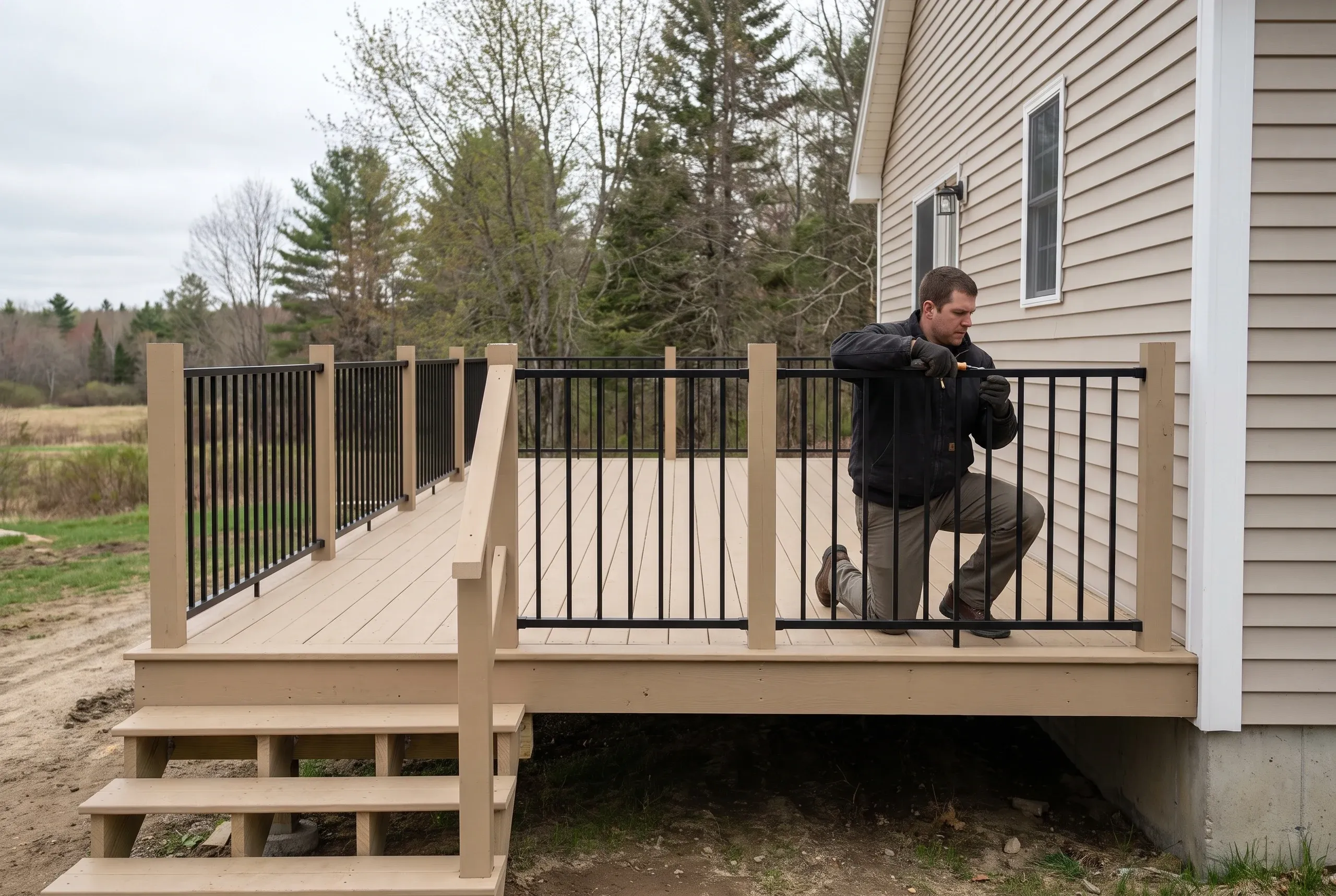 Deck builder in Warren, ME: worker kneeling to fasten black metal railing on a tan deck with steps beside a beige-sided house