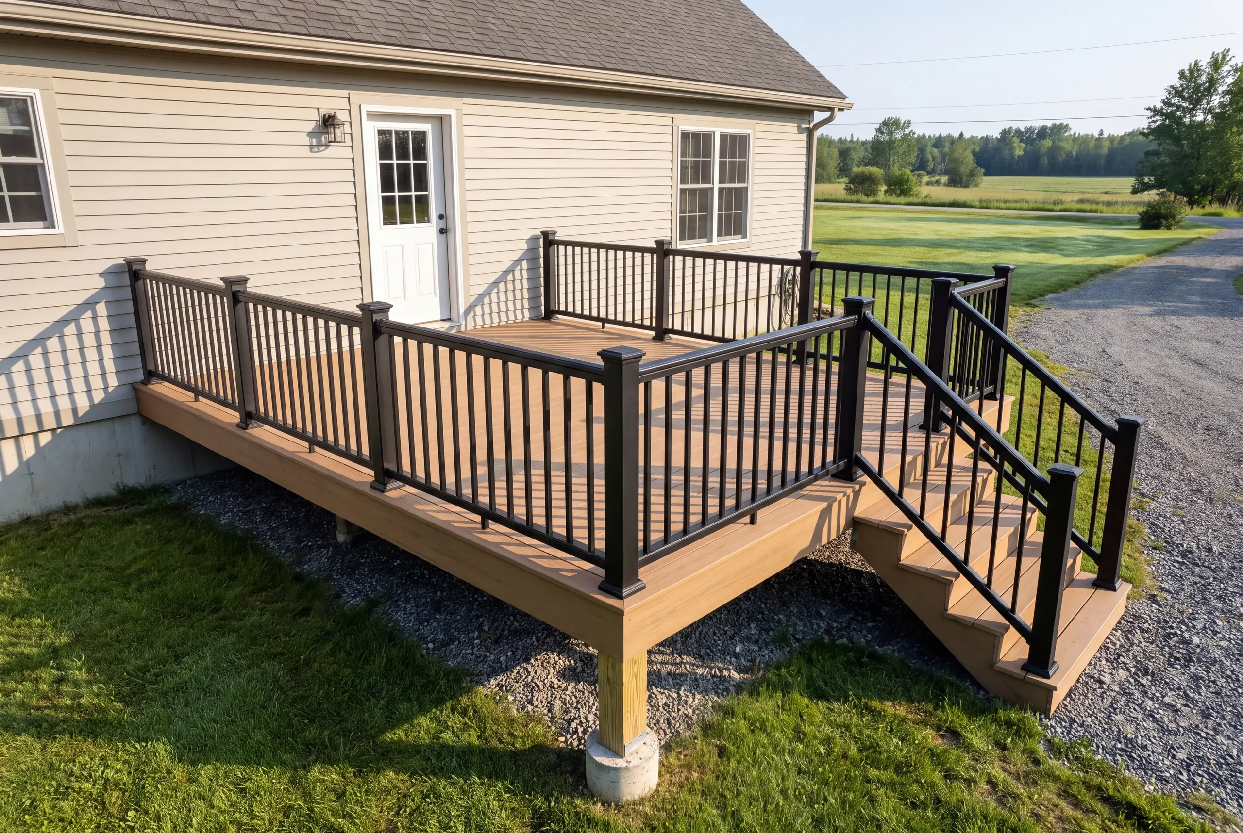 Custom deck builder Warren Maine: finished deck with black railing and stairs on a gray cape