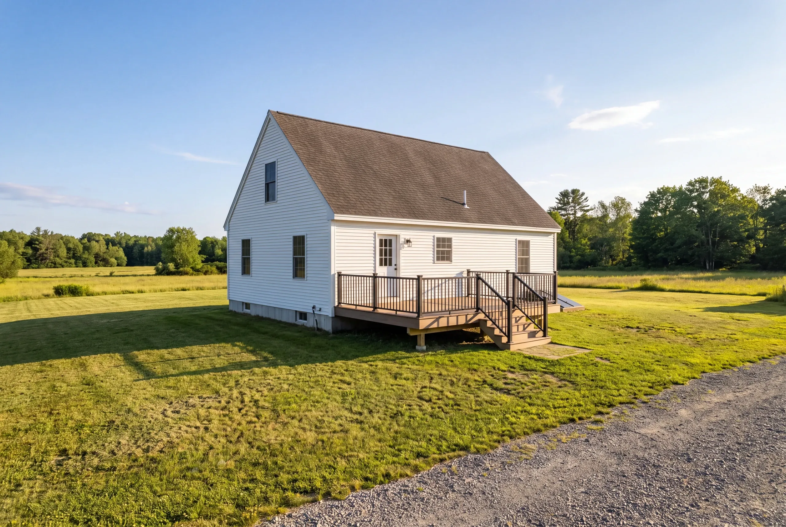 Deck contractor Warren Maine: small railed deck on a white cape across a wide lawn and gravel drive